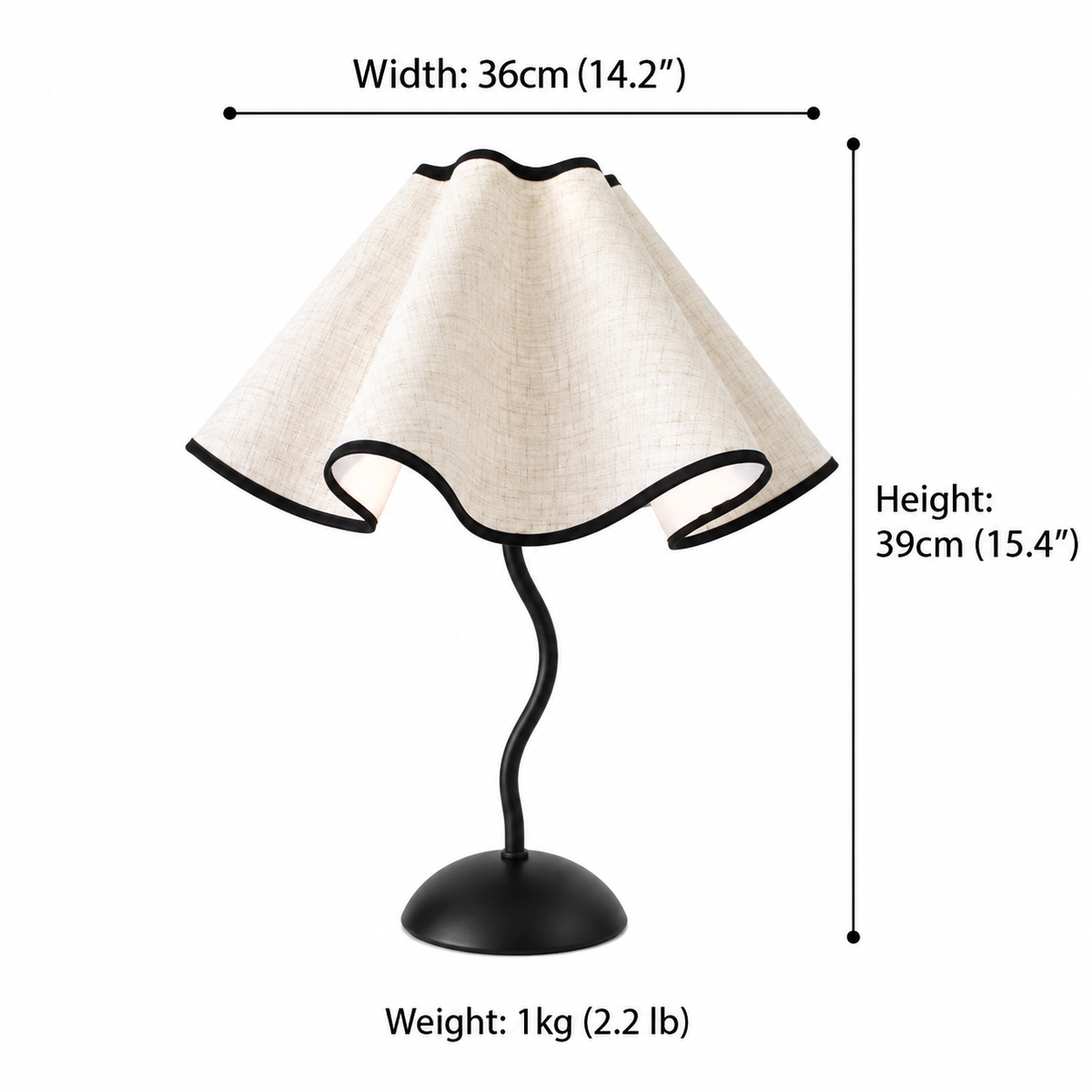 Petal lamp dimension diagram showing 36 cm width, 39 cm height and a weight of 1 kg.