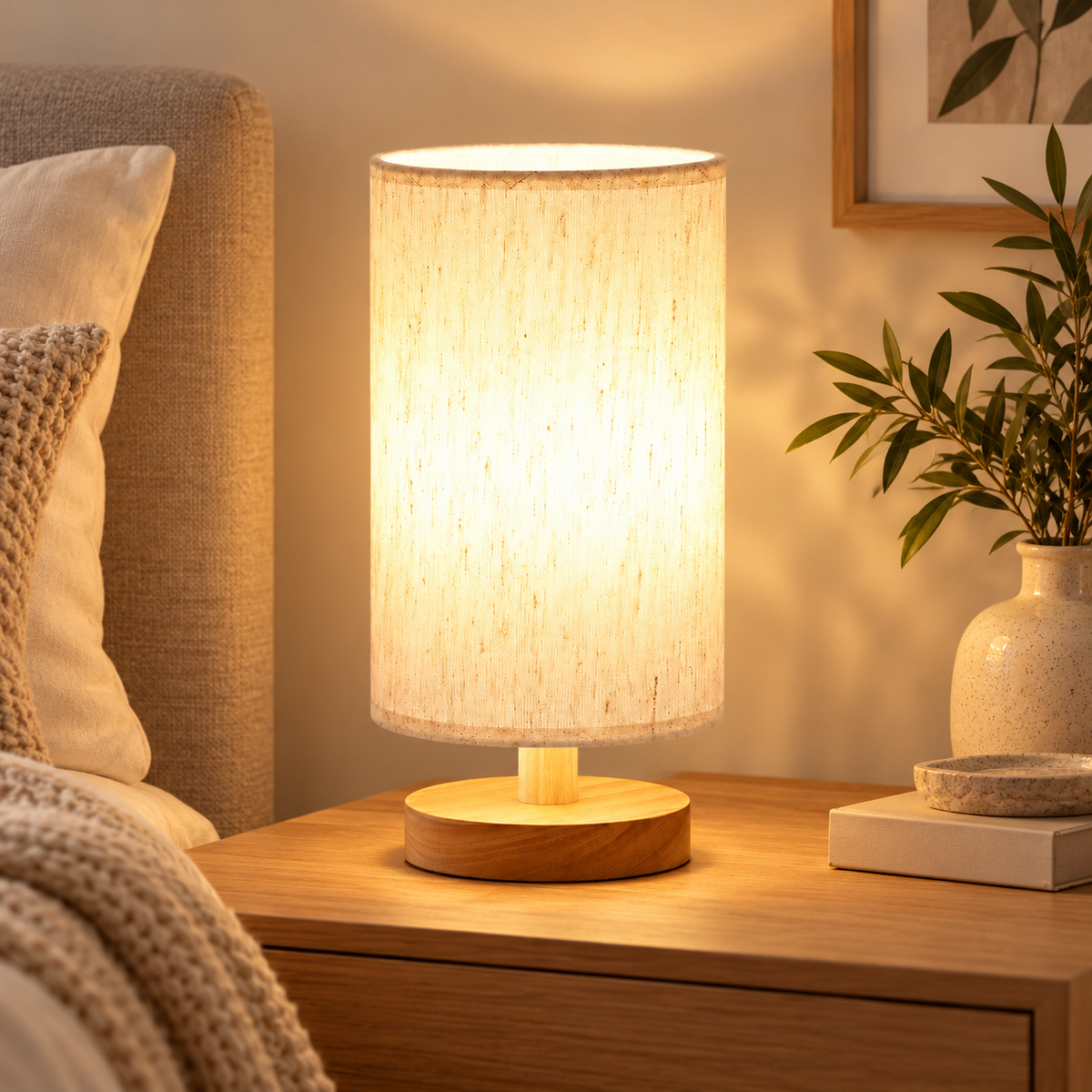 Minimalist Small Table Lamp with Wood Base & Cream Shad