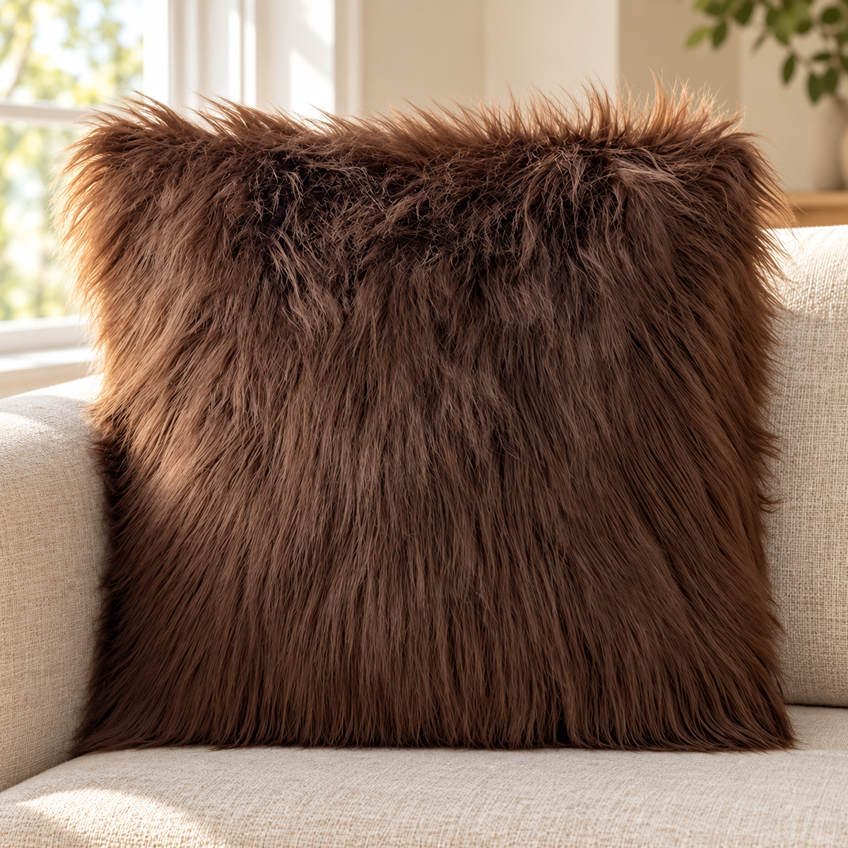 coffee long-pile faux fur pillow cover on a beige sofa beside a bright window.