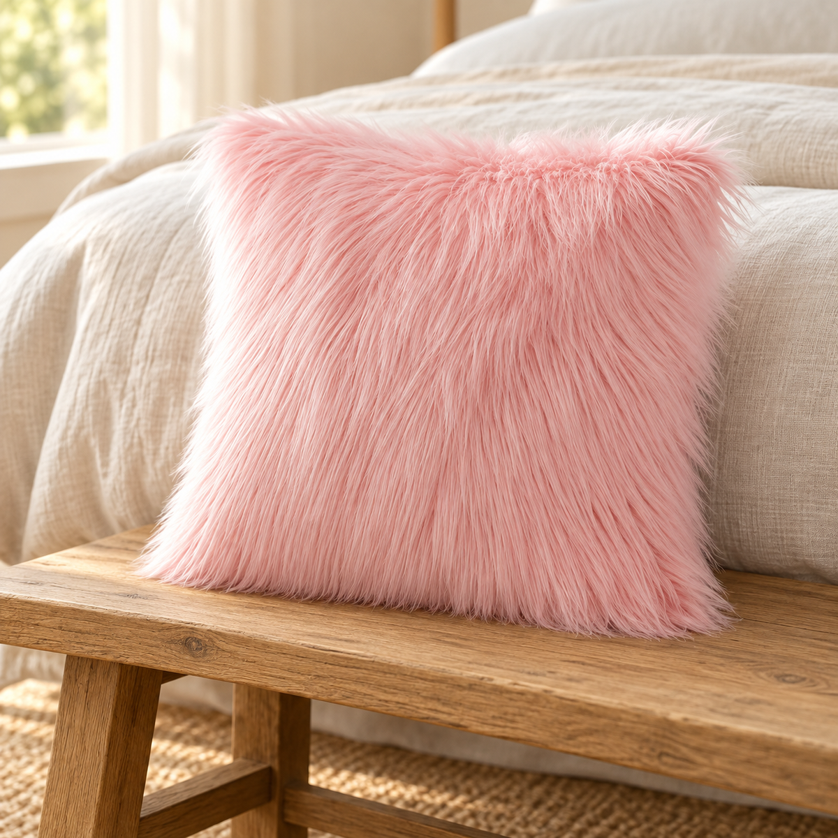 pink long-pile faux fur pillow cover on a wooden bench at the foot of a cream linen bed.