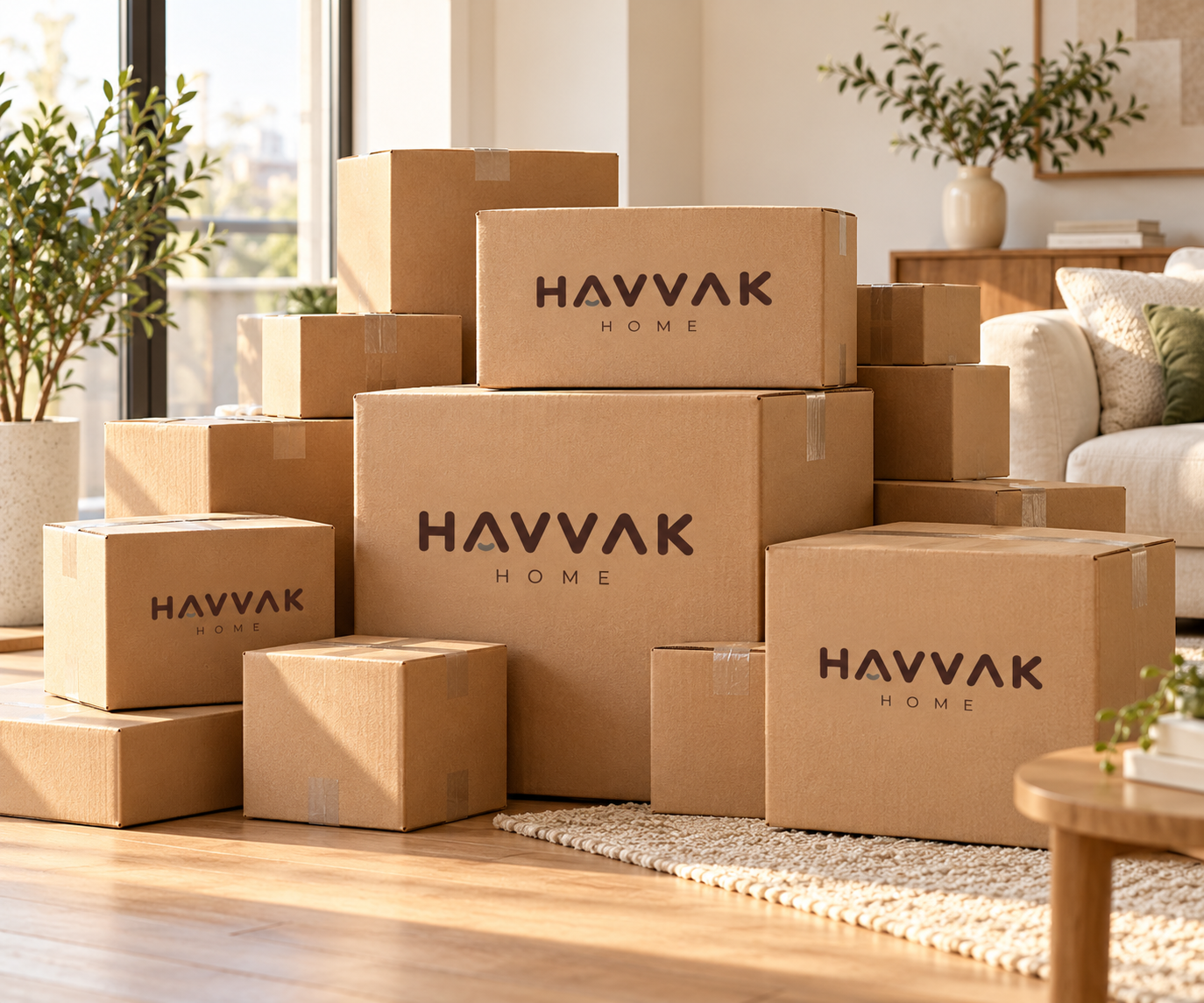 HAVVAK HOME delivery boxes stacked in a sunlit new home