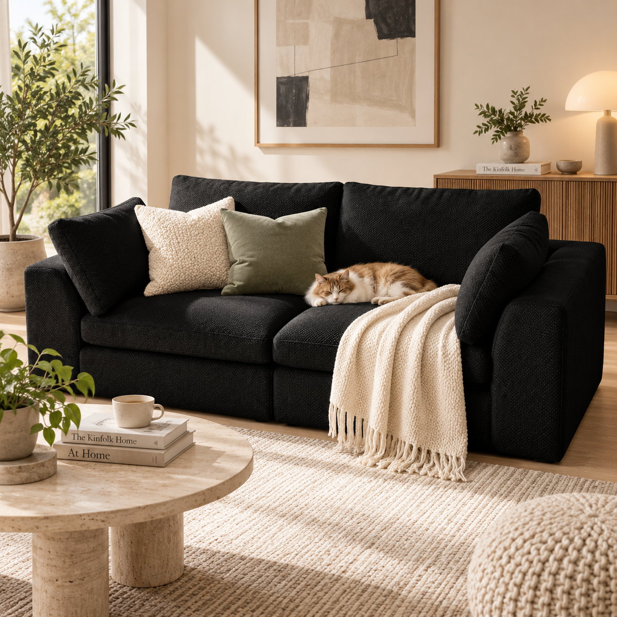 Black two-seat modular loveseat with cream and sage pillows, a cream throw, and a sleeping orange-and-white cat in a sunny living room by HavvakHome.