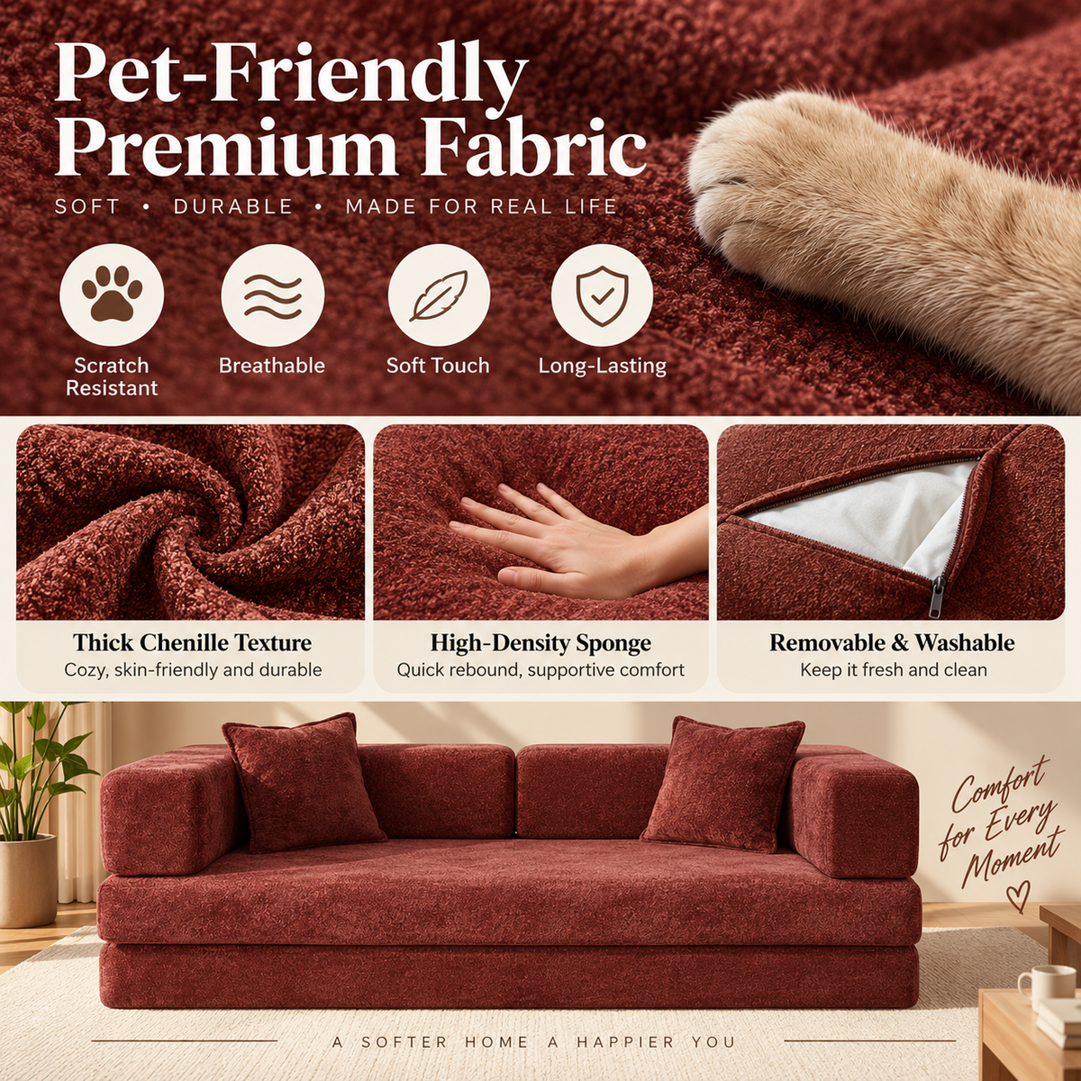 Burgundy sofa material infographic featuring a cat paw, textured fabric close-up, hand pressing upholstery, open zipper exposing lining, and sofa front view by HavvakHome.