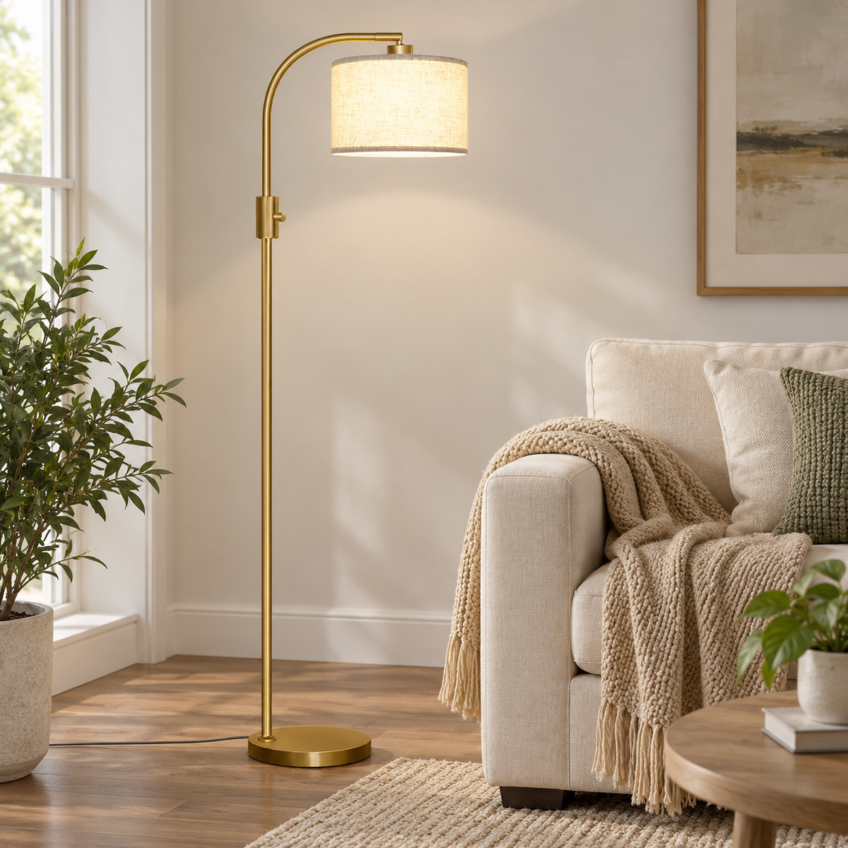 Gold arc floor lamp with a linen shade standing beside a cream sofa.