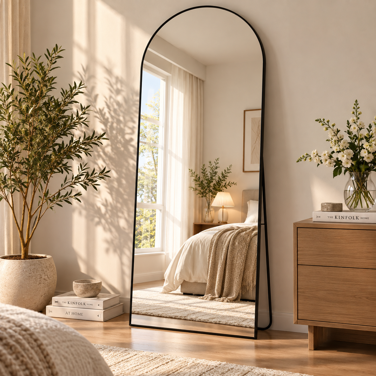 Elegant oversized arched full length floor mirror for bedroom and living room decor by HavvakHome.