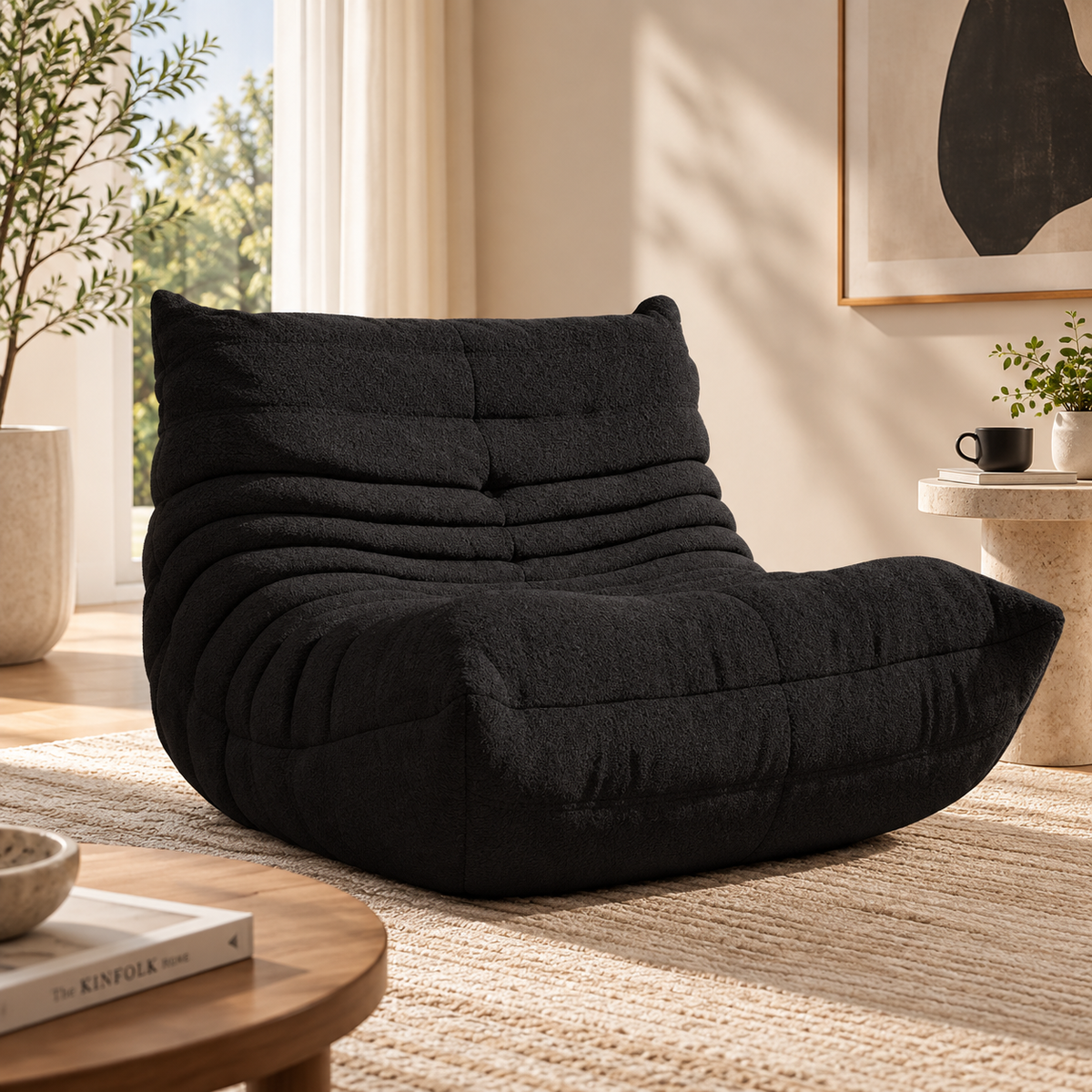 HavvakHome black bouclé lounge chair in a modern living room setting.