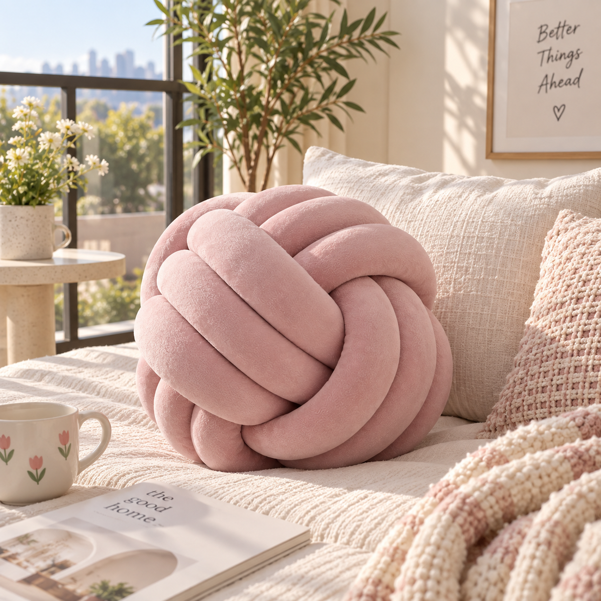 HavvakHome blush pink knot ball pillow placed on a cream knitted blanket beside neutral cushions near a sunny window with a mug and book in the foreground.