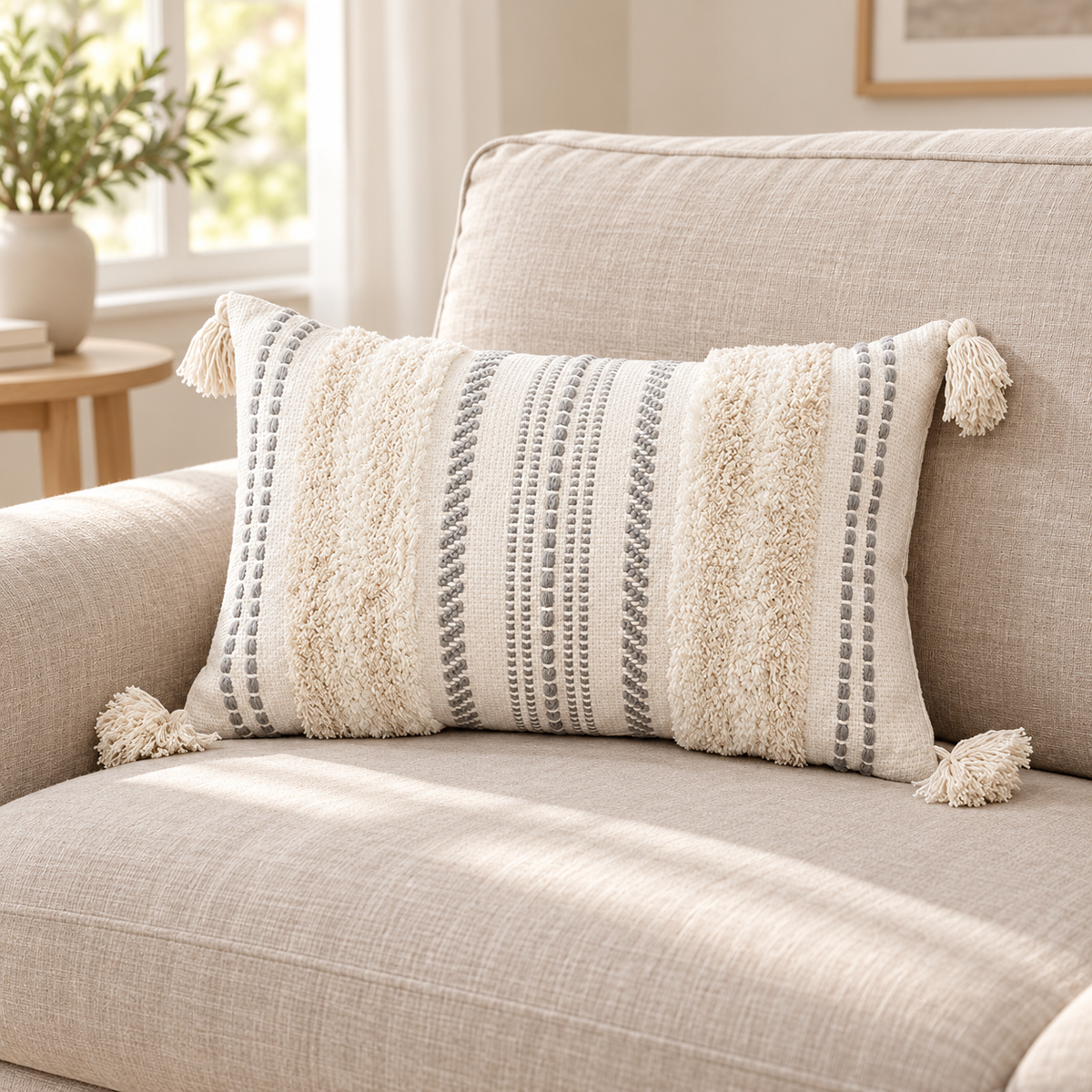 Beige and cream white 20x12 lumbar tufted pillow cover with tassels on an oatmeal sofa.