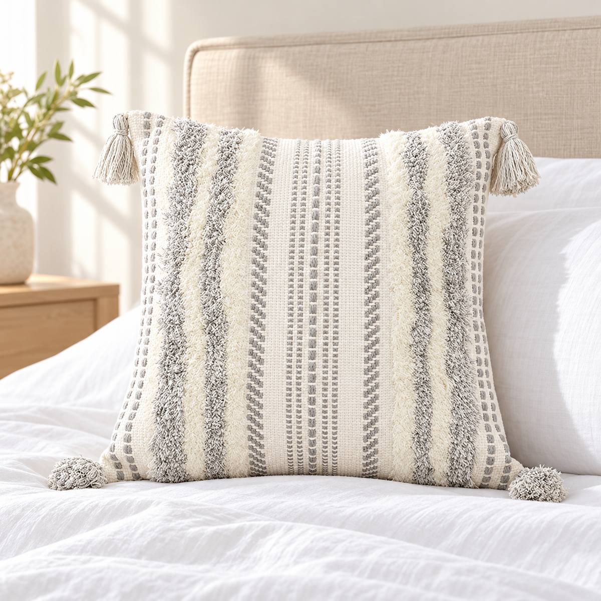 Grey and cream white square tufted pillow cover with woven rope details on a white bed.