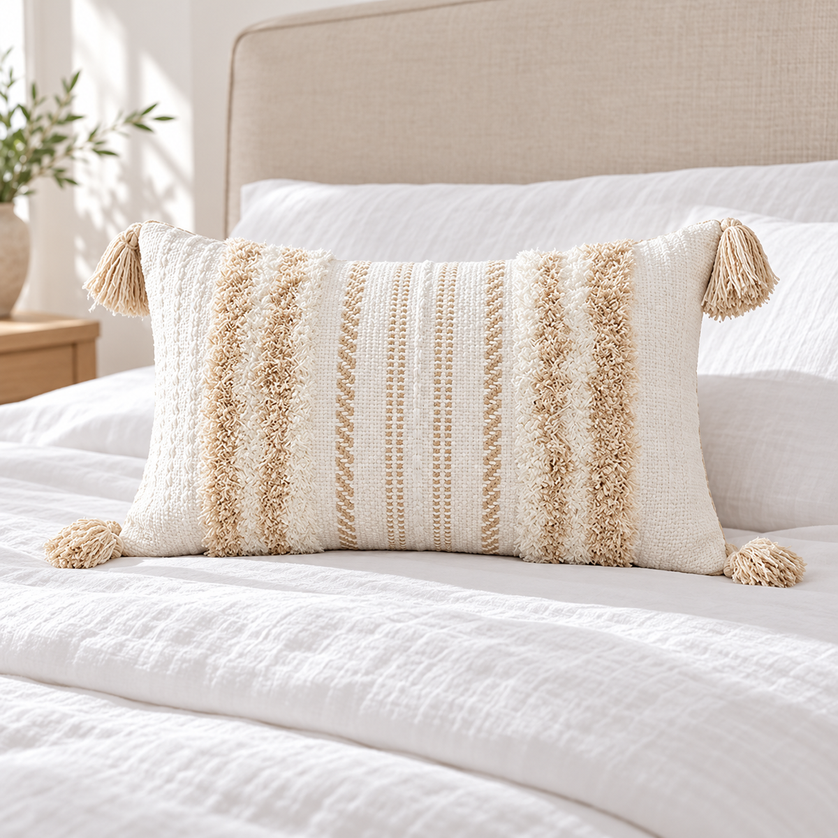 Khaki and cream white 20x12 lumbar tufted pillow cover on a white bed against a beige headboard.