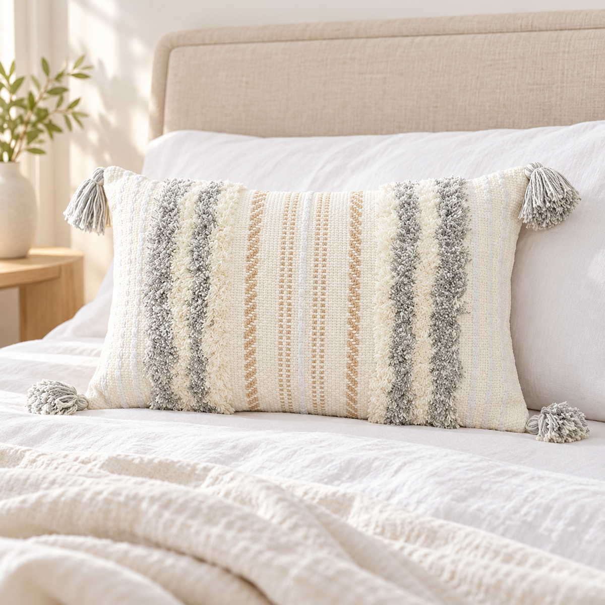 Light grey and cream white 20x12 lumbar tufted pillow cover on a white bed with beige headboard.