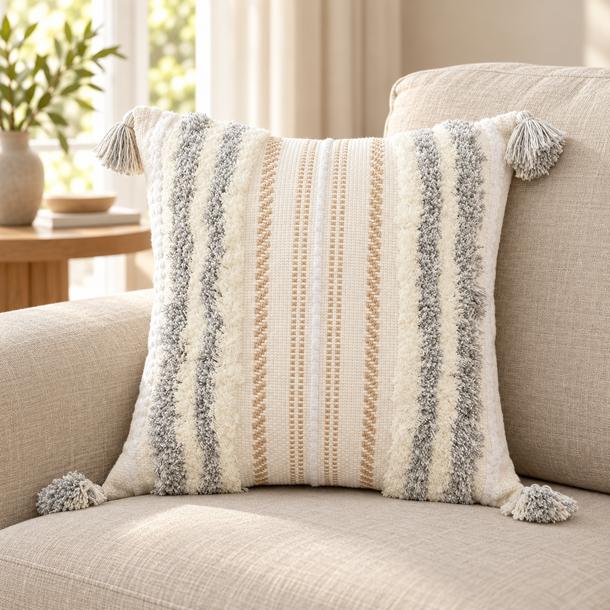 Light grey and cream white square tufted pillow cover with tassels on an oatmeal sofa.