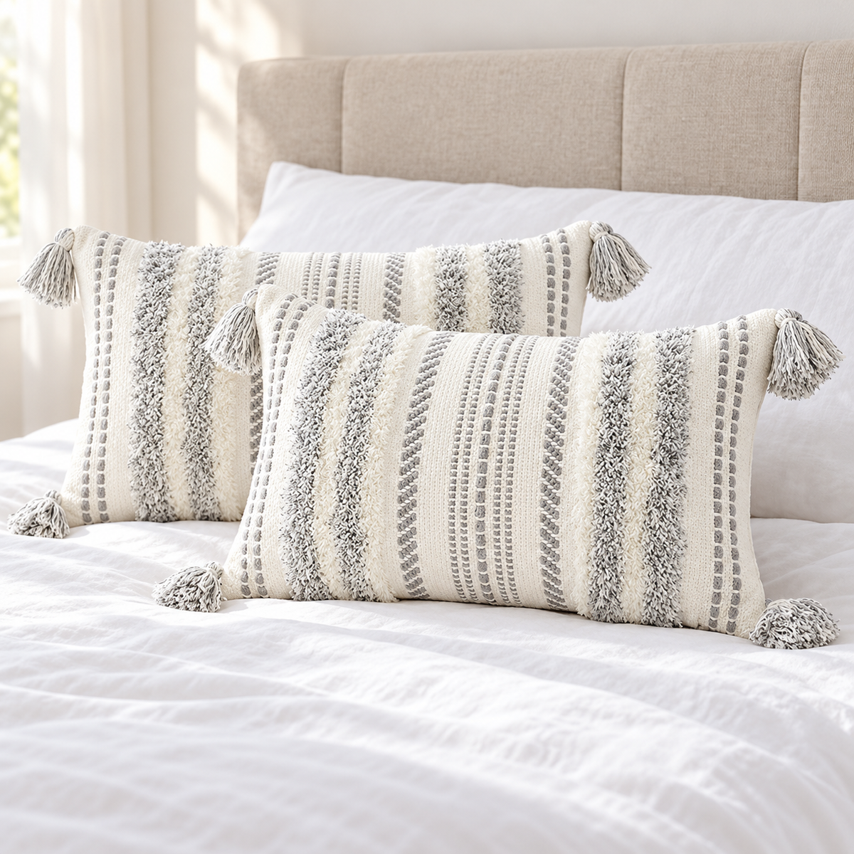 Pair of grey and cream white 20x12 lumbar tufted pillow covers styled on a white bed.