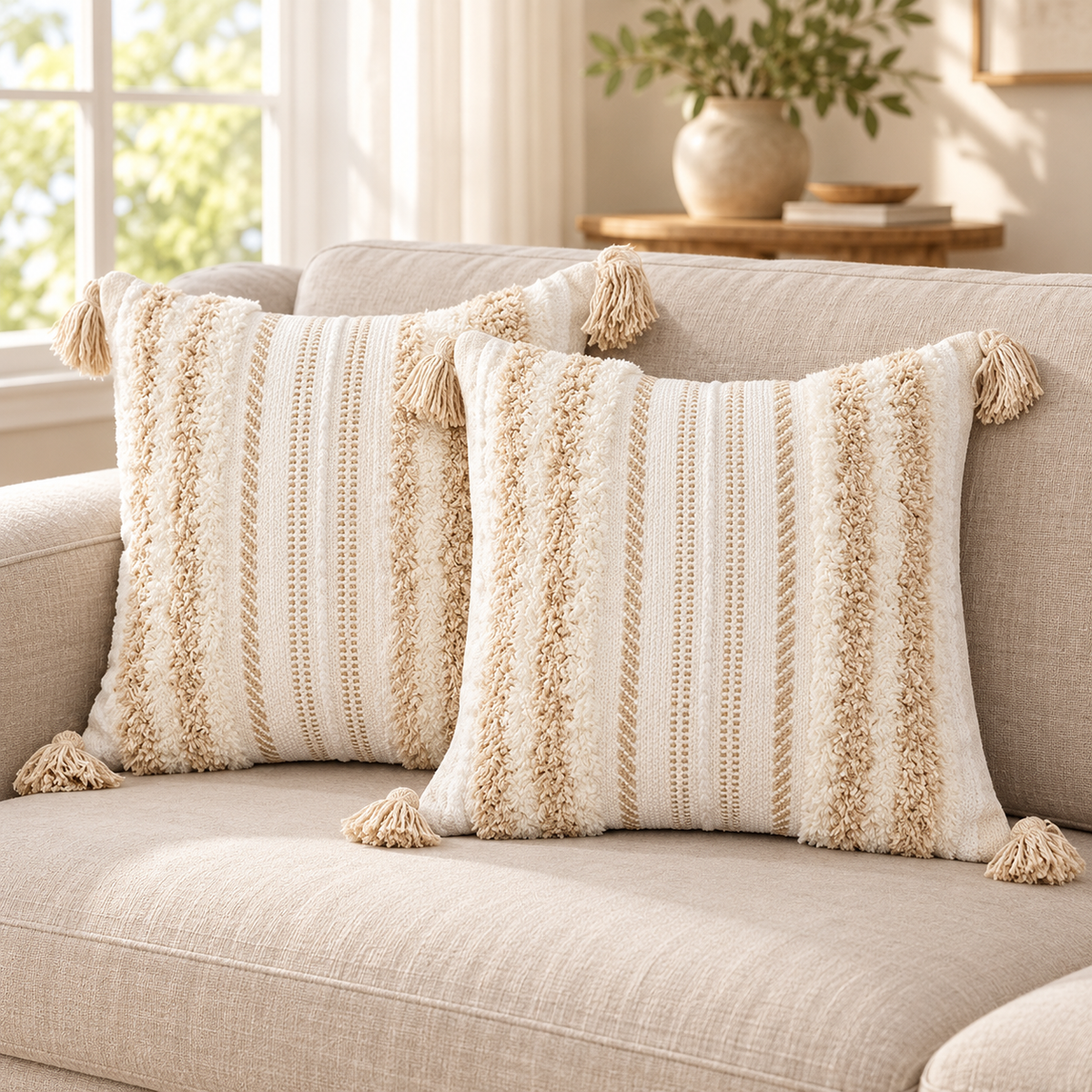 Two matching khaki and cream white square tufted pillow covers with tassels on an oatmeal sofa.