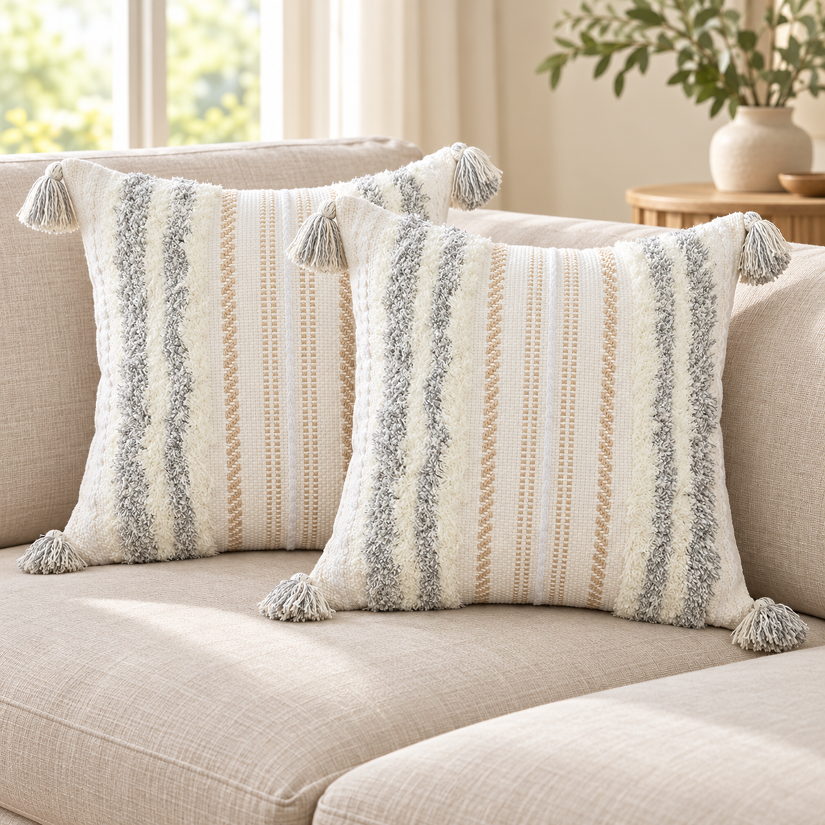 Two light grey and cream white square tufted pillow covers with corner tassels on an oatmeal sofa.