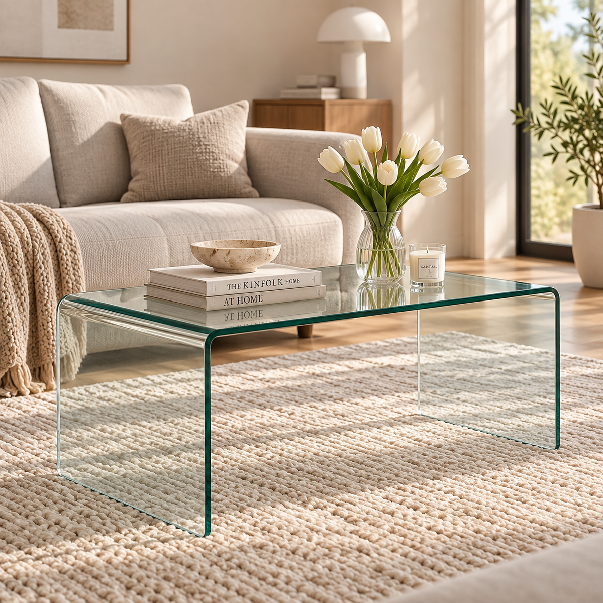 Clear bent-glass waterfall coffee table holding white tulips, a candle, books, and a bowl on a textured cream rug before a cream sofa by HavvakHome.