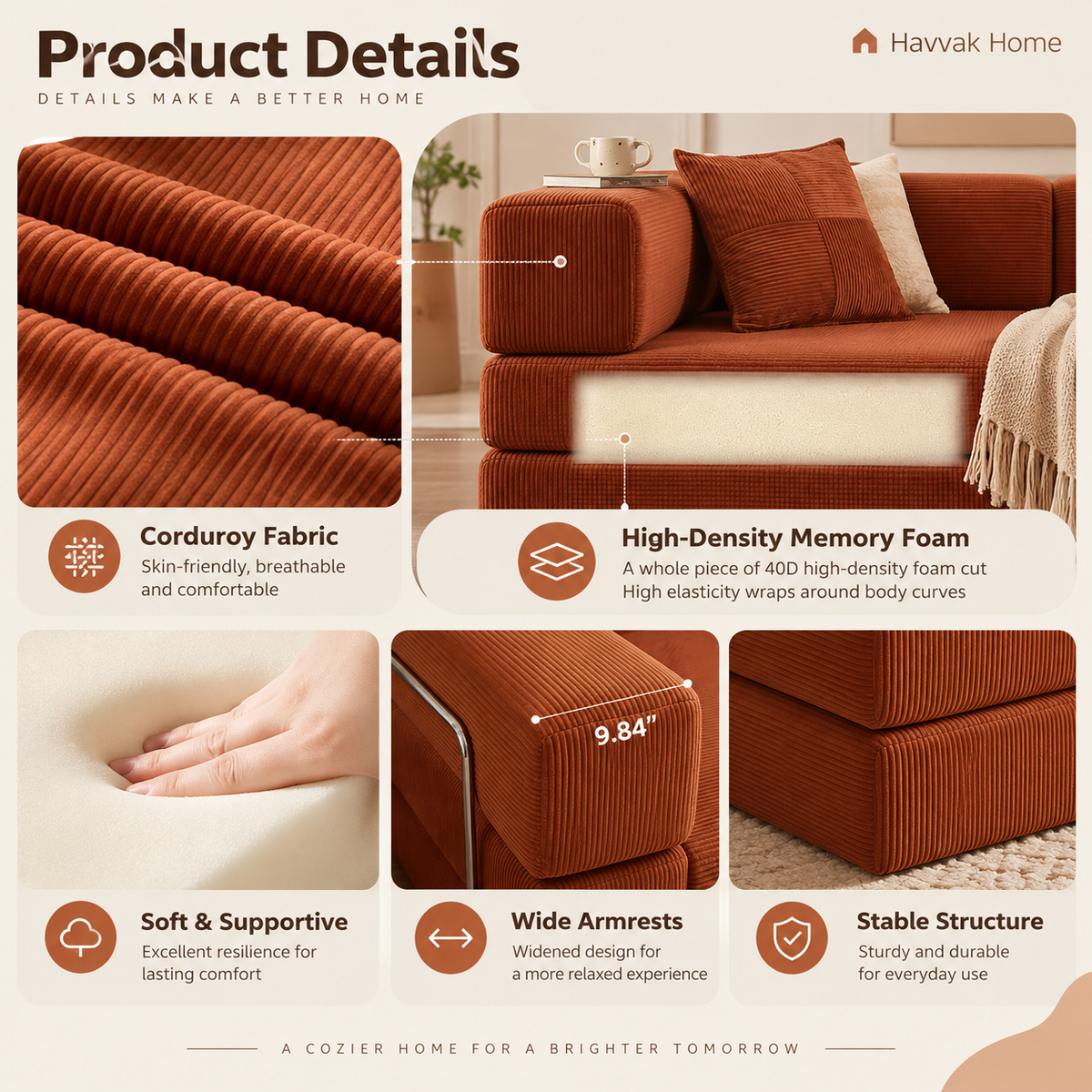 Rust orange modular sofa product details collage showing corduroy fabric close-up, exposed cushion foam, hand pressing foam, broad armrest, and stacked seat cushions by HavvakHome.