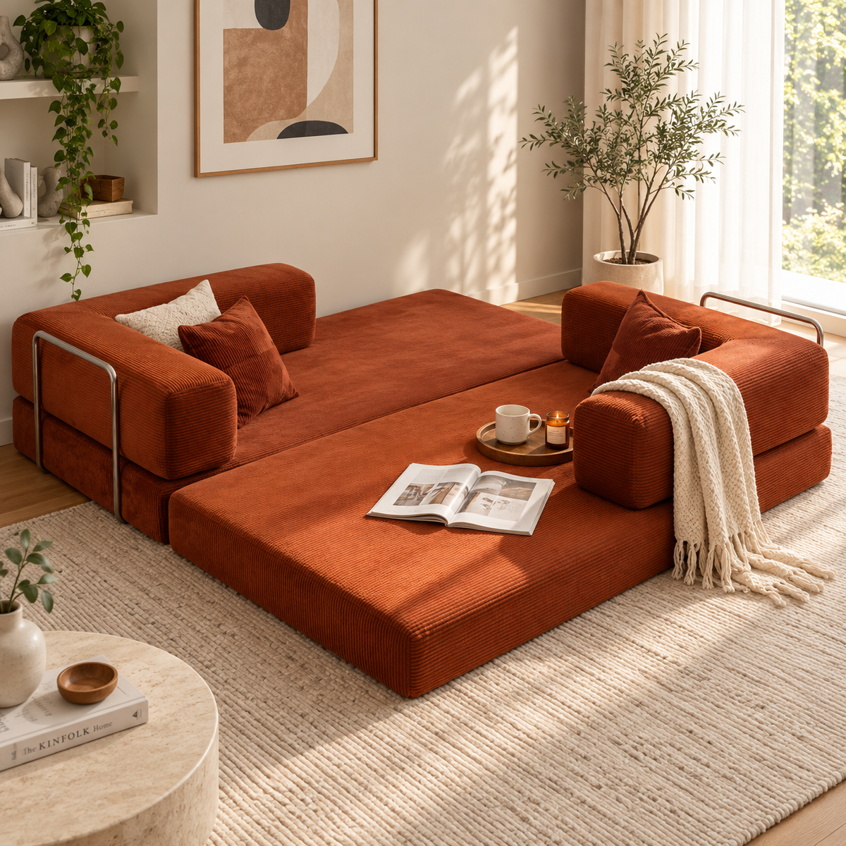Rust orange corduroy modular sofa arranged as two parallel chaise seats facing opposite directions with metal side rails, cream throw, book, and tray with mug by HavvakHome.