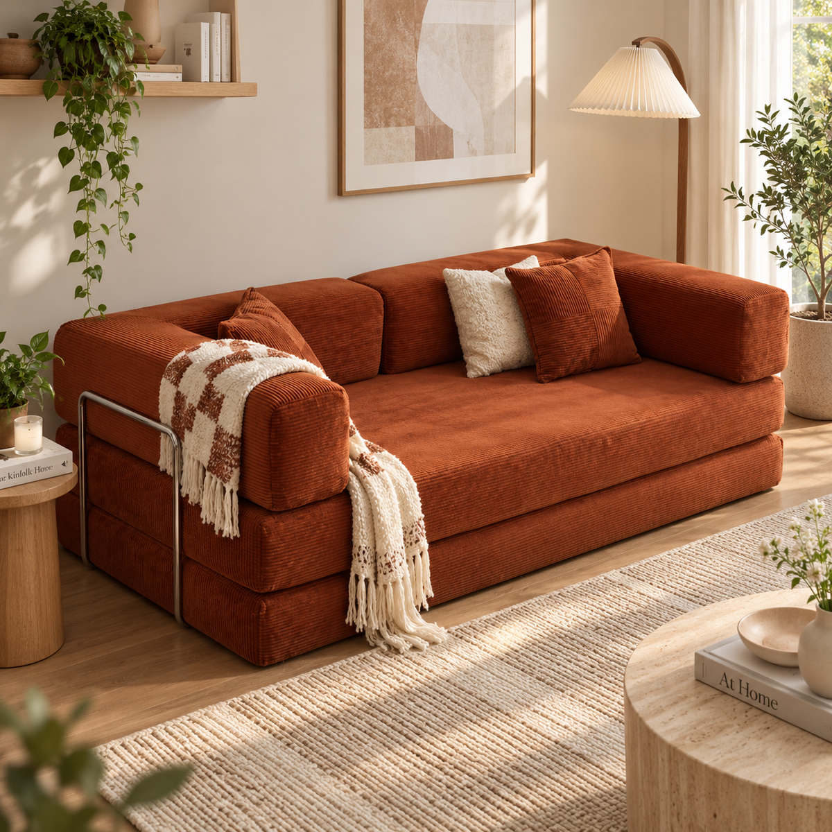 Rust orange corduroy modular sofa in upright folded configuration with metal side rail, checkerboard cream-and-rust throw, and pillows beside a floor lamp and plants by HavvakHome.