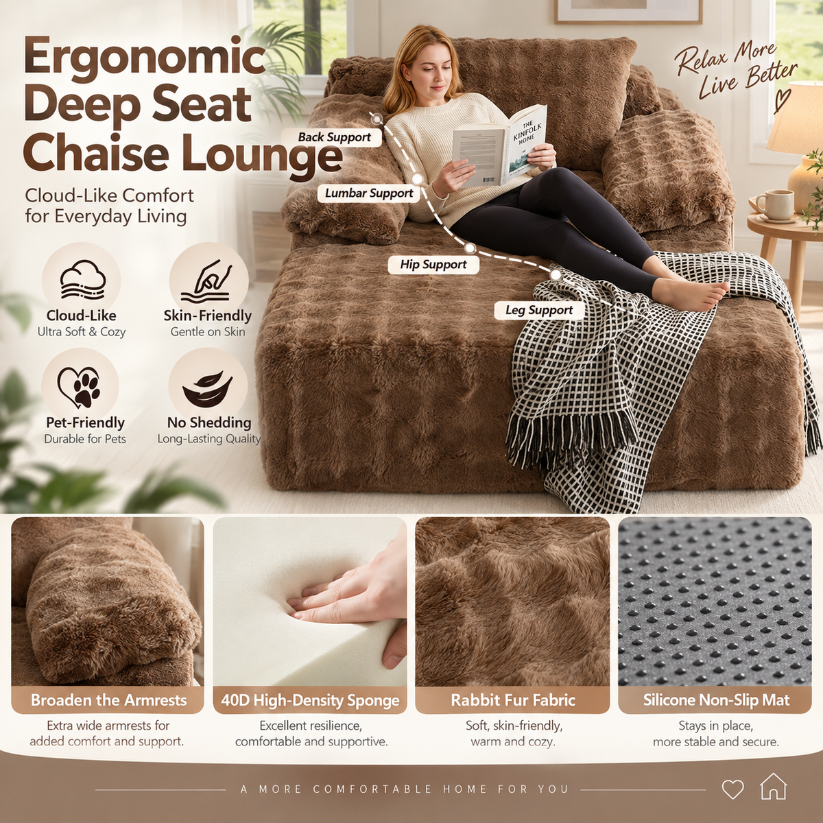 Comfort infographic showing a woman reading on a brown faux rabbit fur chaise with armrest, foam, fabric, and dotted underside close-ups by HavvakHome.