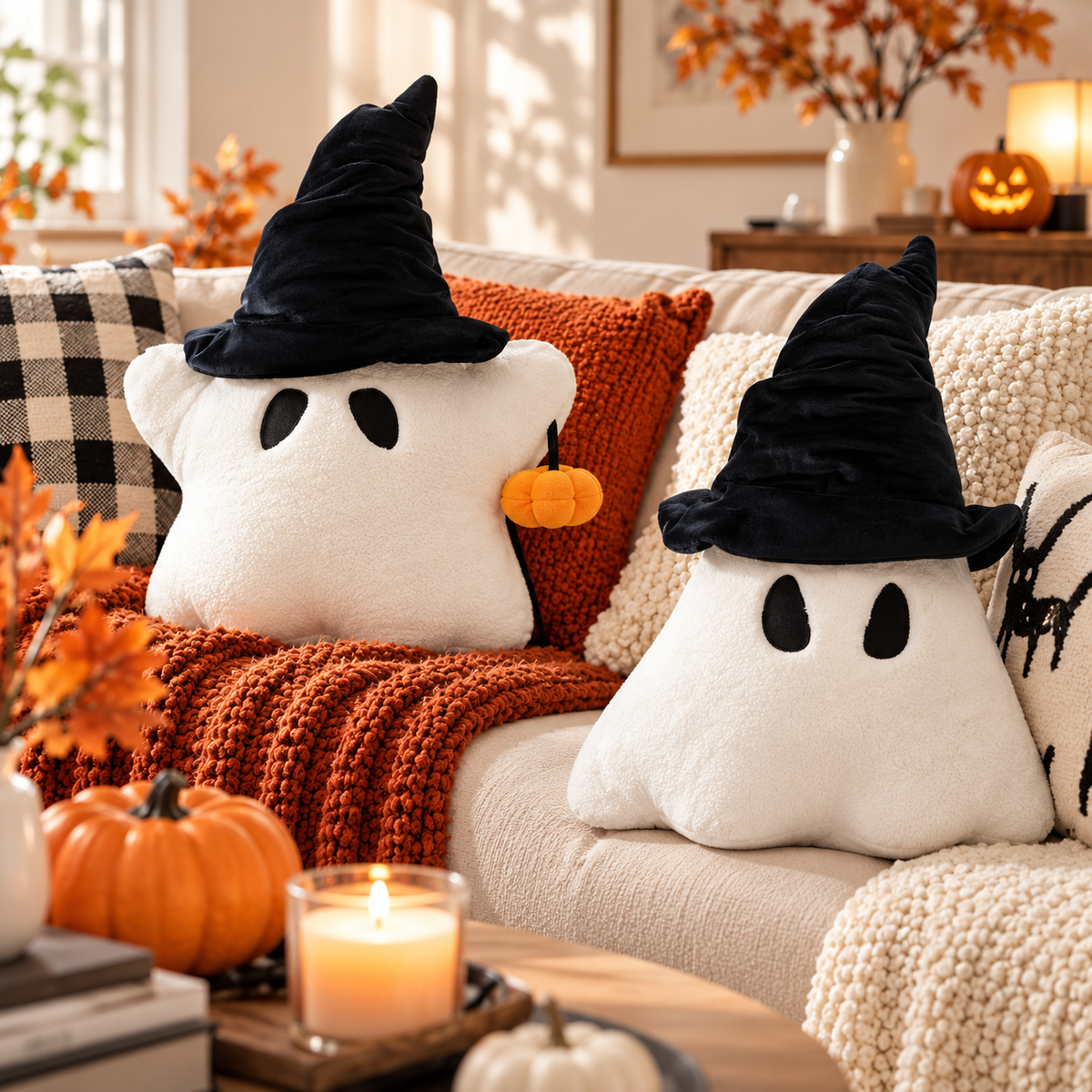Two off-white ghost pillows with black witch hats on a cream sofa, with the left pillow featuring a dangling orange pumpkin alongside Halloween decor by HavvakHome.