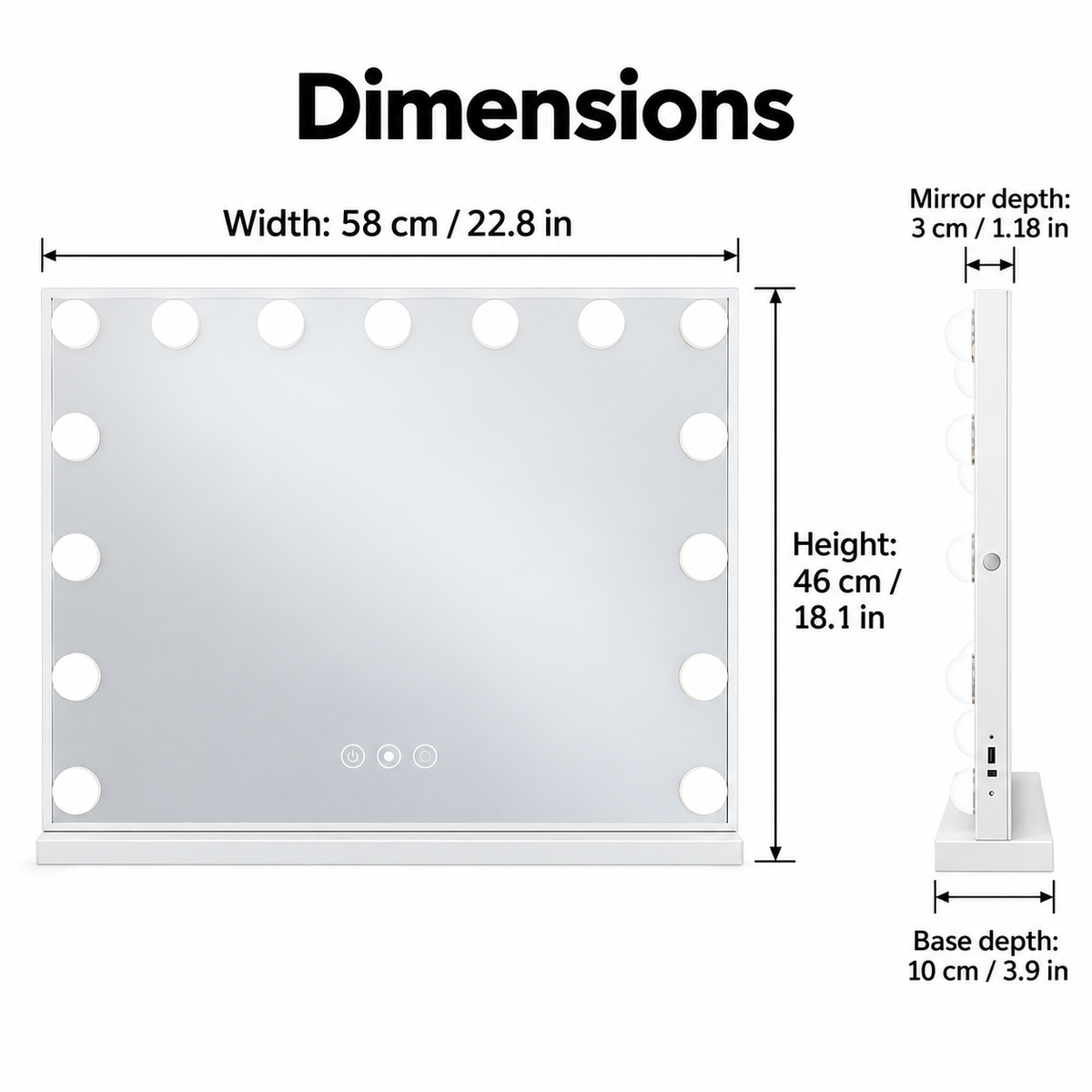 White-background size guide diagram indicating 58 cm width, 46 cm height, 3 cm mirror depth, and 10 cm base depth.