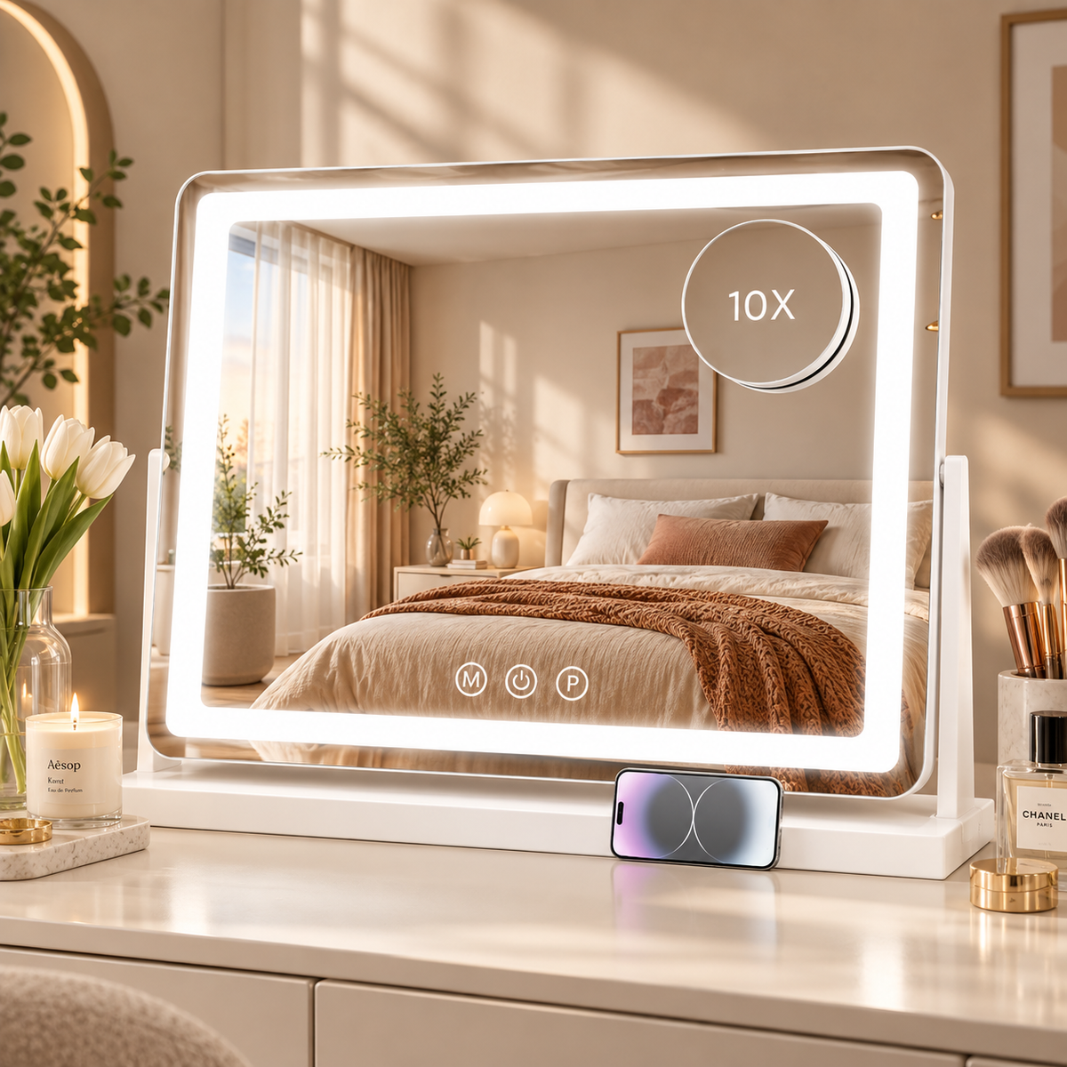 Landscape LED tabletop mirror with round 10X magnifying attachment and horizontal smartphone at the base reflecting a bedroom by HavvakHome.