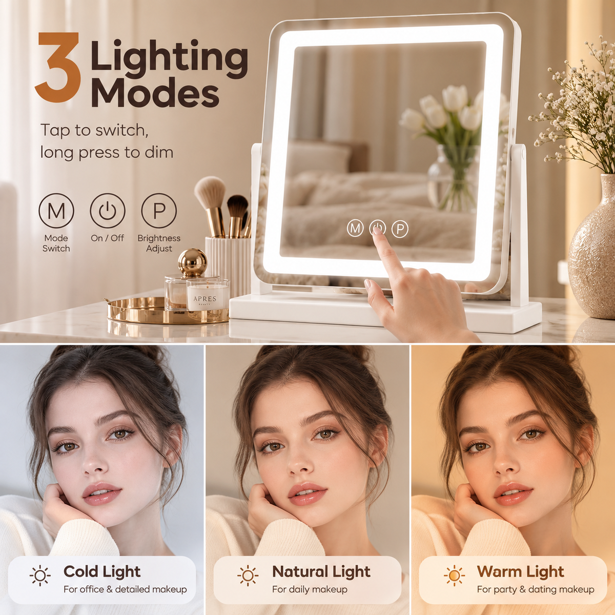 Portrait LED mirror lighting-mode infographic showing a hand on touch icons and three woman portrait panels labeled cold, natural, and warm light by HavvakHome.