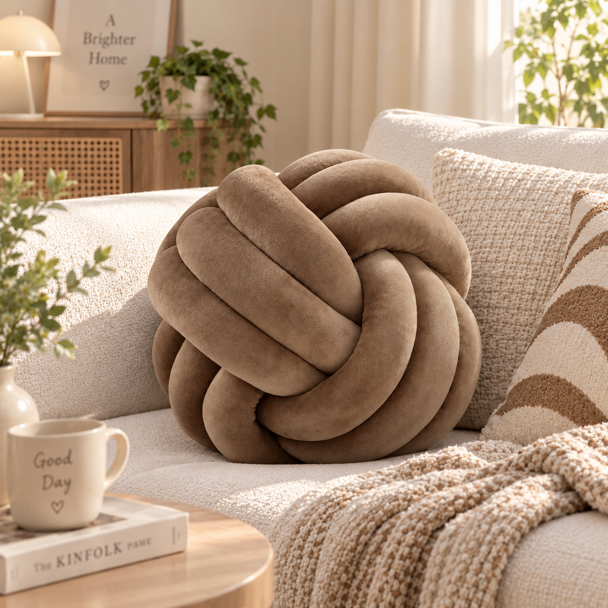 HavvakHome large taupe-brown knot ball pillow styled on a cream-colored sofa in a cozy living room.