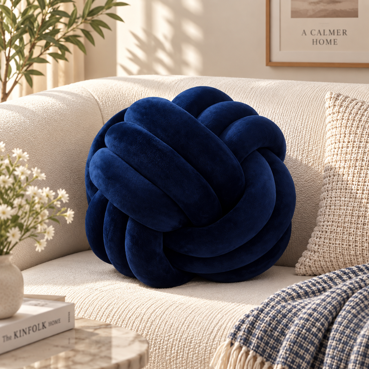 HavvakHome deep navy blue knot ball pillow styled on a cream-colored textured sofa in a cozy living room.