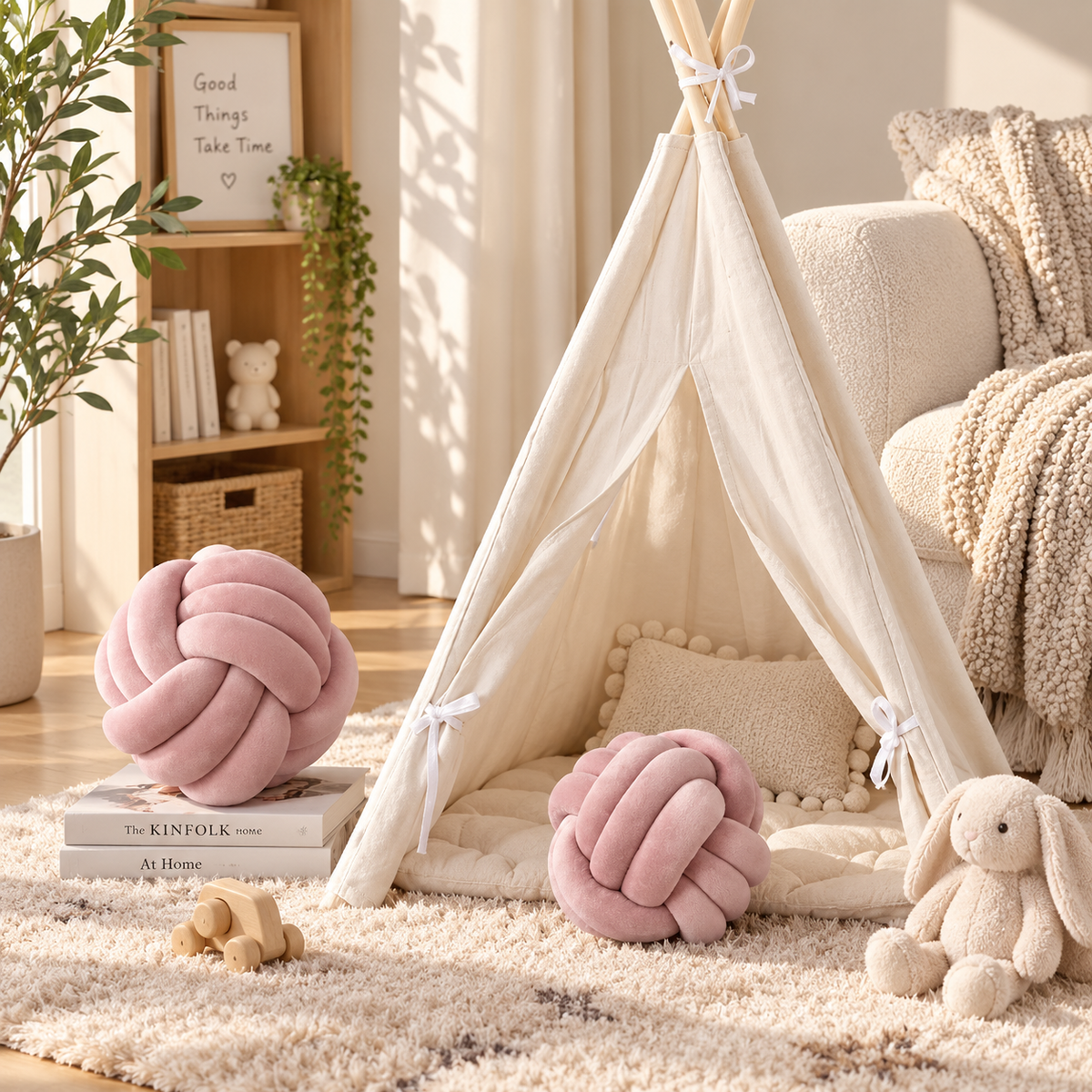 HavvakHome pink knot ball pillows styled near a cream teepee play tent on a plush rug in a sunlit living room.