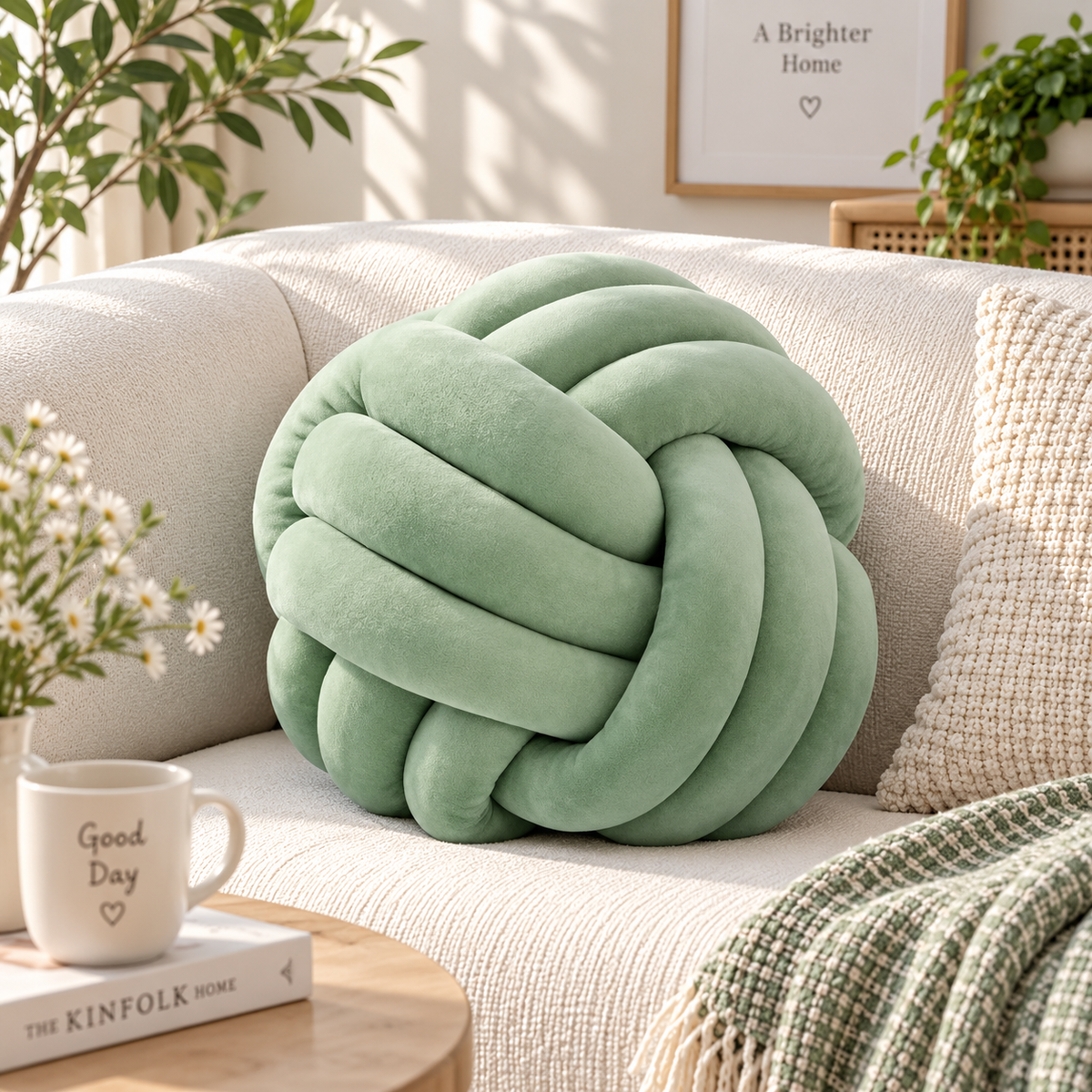 HavvakHome soft sage green knot ball pillow styled on a light beige sofa in a cozy living room.