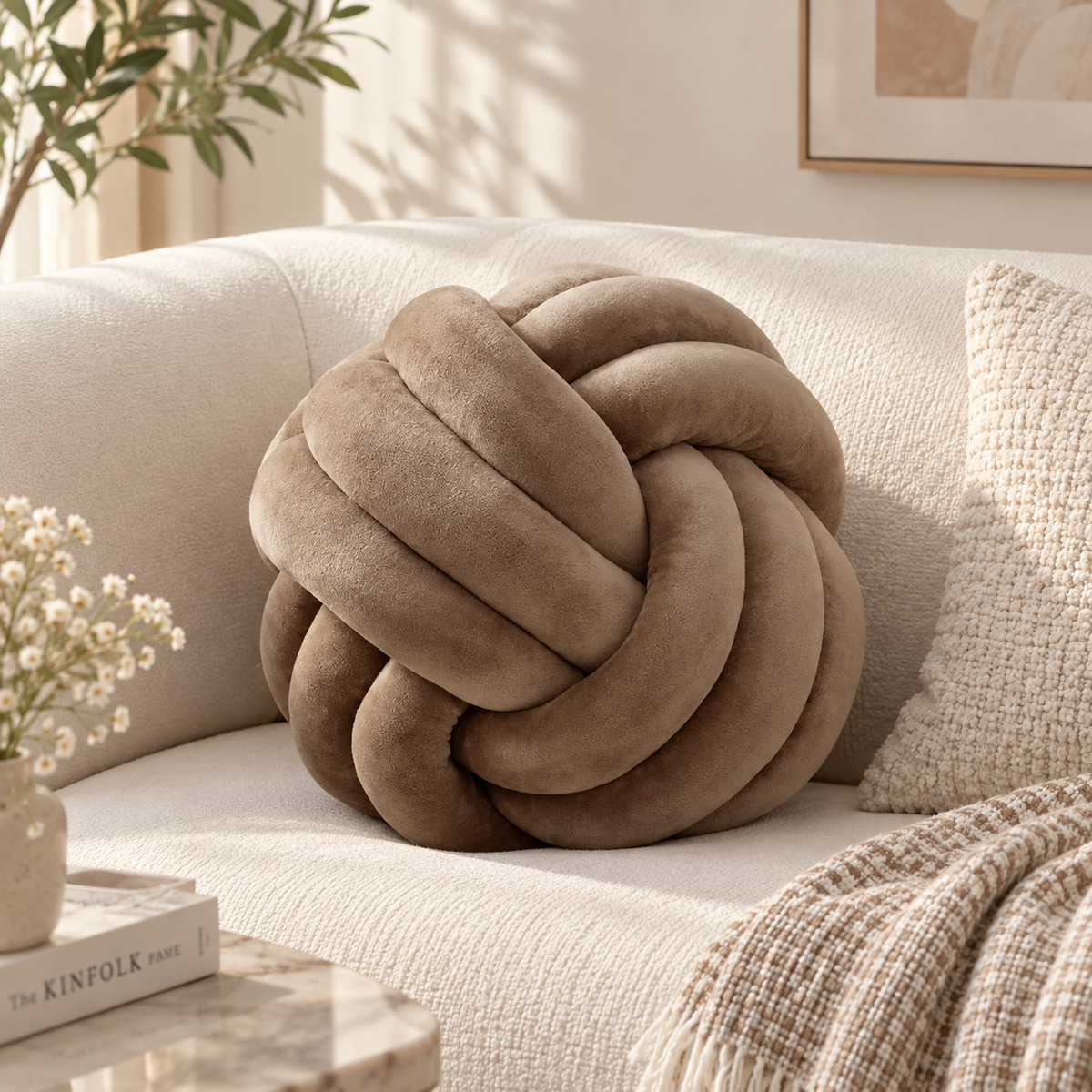 HavvakHome soft taupe-brown knot ball pillow styled on a cream-colored sofa in a sunlit living room.
