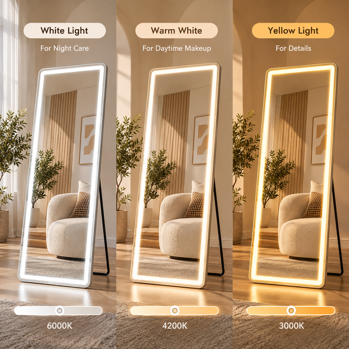 Three-panel LED mirror color temperature comparison labeled white light 6000K, warm white 4200K, and yellow light 3000K by HavvakHome.