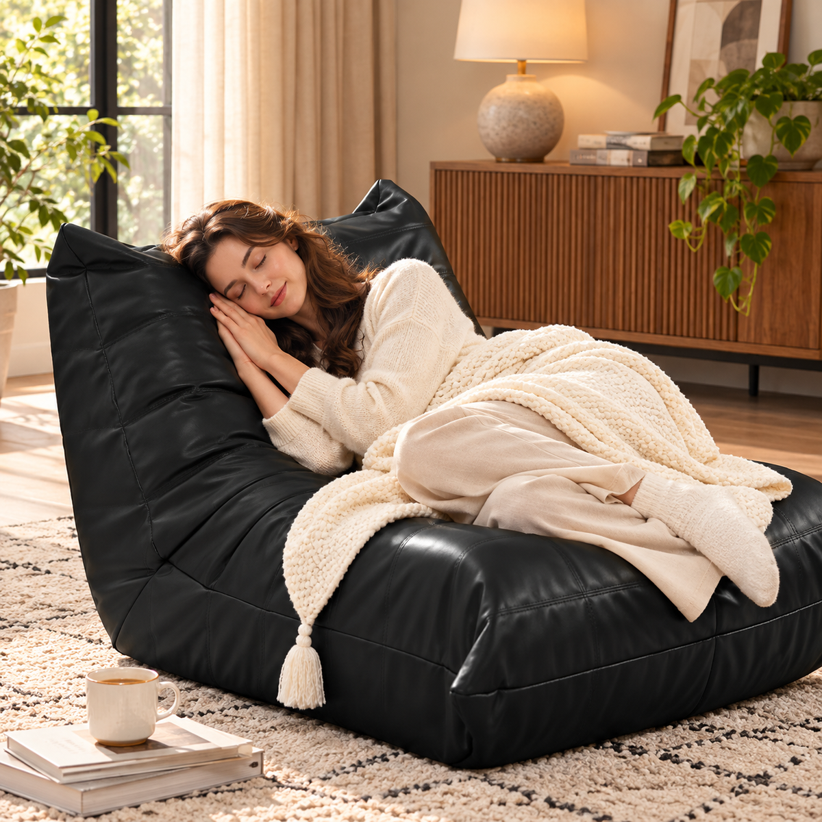 Woman resting curled on a black armless floor lounge chair beneath a cream knitted throw in a living room by HavvakHome.