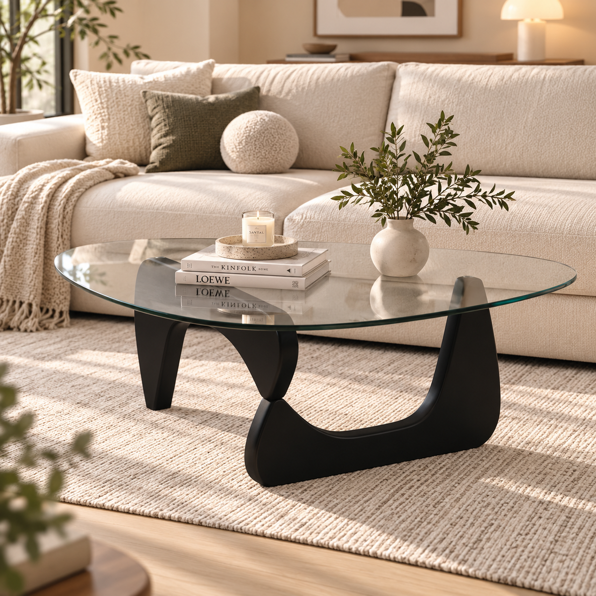 Black sculptural wood base with rounded triangular clear glass top, vase of greenery, and stacked books with a candle on a coaster before a cream sofa with sage pillows.