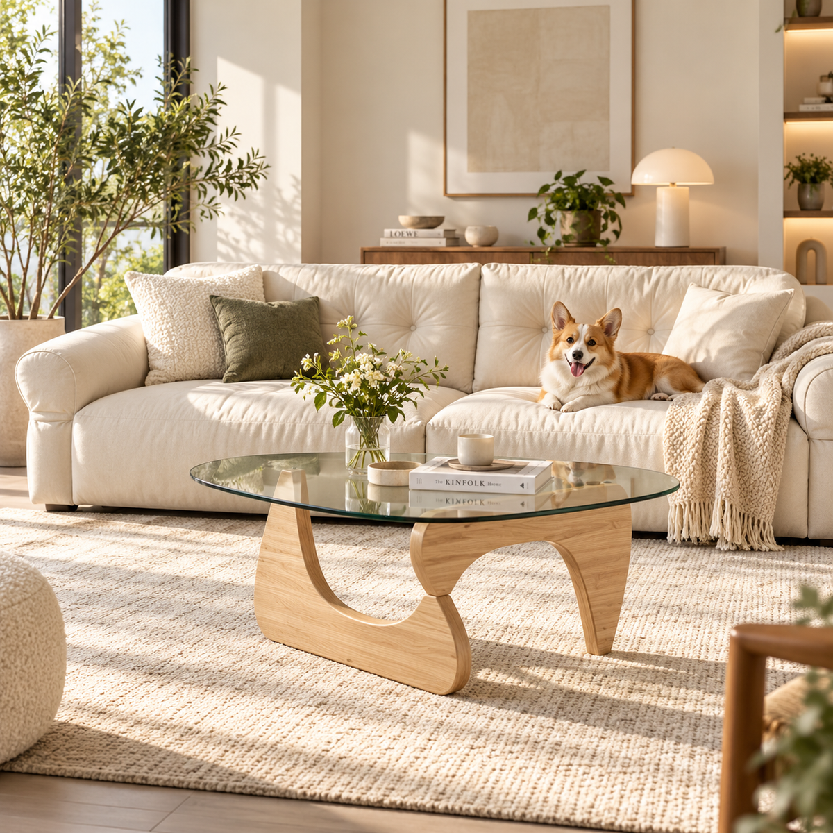 Clear triangular glass coffee table with a light wood sculptural base, flower vase, books, and bowl before a cream sofa with a corgi in a sunny living room.