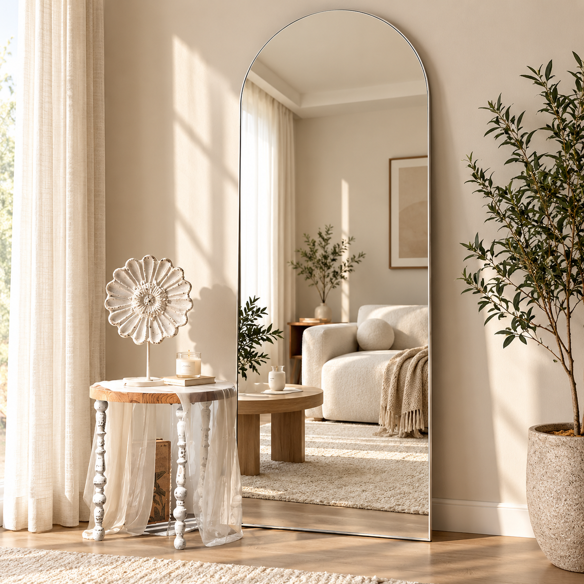 Minimalist home decor featuring an oversized arched full length dressing mirror from HavvakHome.