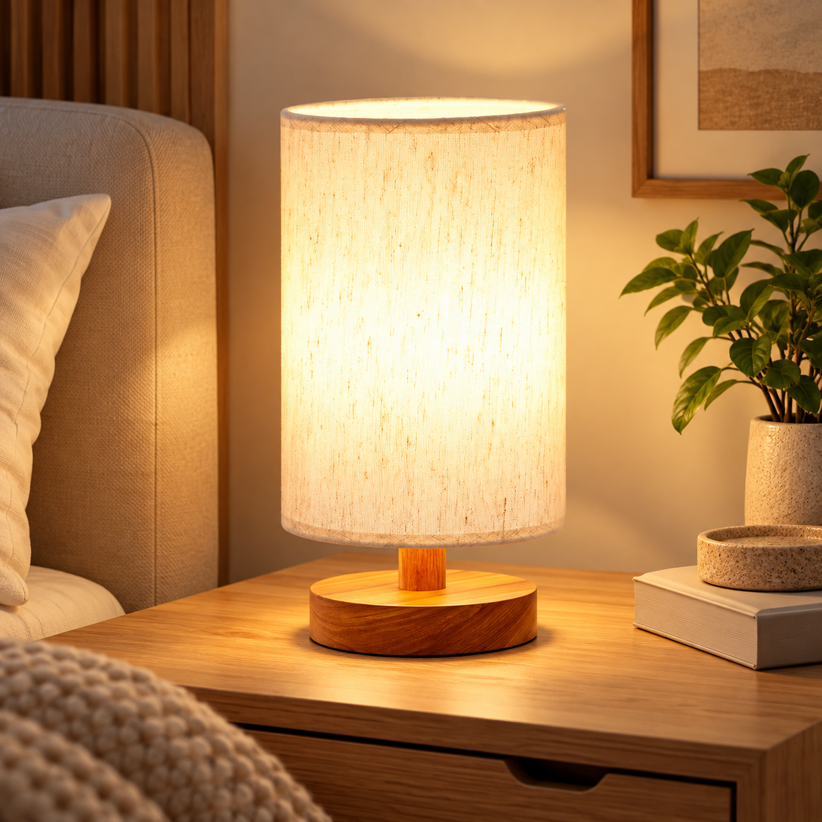 Modern minimalist table lamp featuring a solid wood base and soft cream shade from HavvakHome.