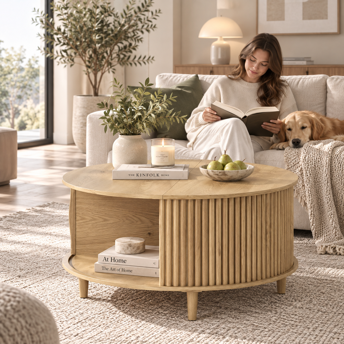 Natural light wood fluted round coffee table with open shelf and fruit bowl while a woman reads beside a golden retriever on a sofa by HavvakHome.
