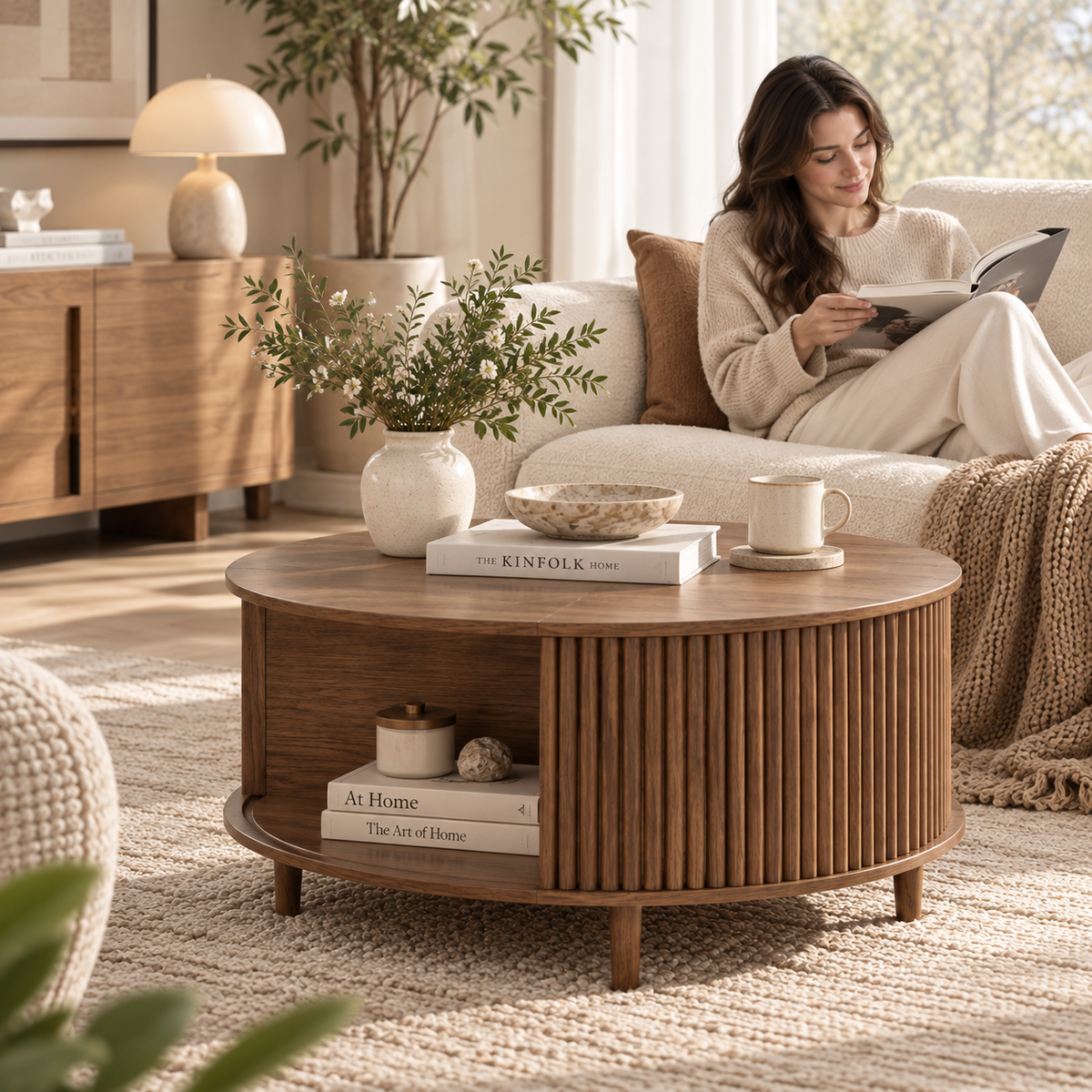Walnut round fluted coffee table with open shelf holding a vase, books, bowl, and mug with a woman reading on a cream sofa behind it by HavvakHome.