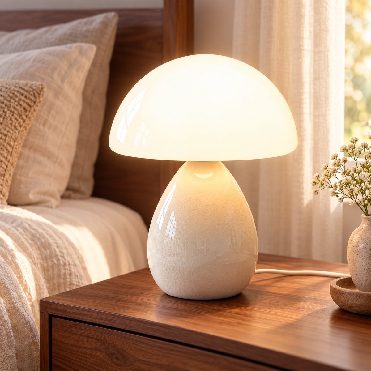 Cream-Ice Crackle ceramic mushroom lamp with a crackle-glazed teardrop base and a white glass dome shade on wooden bedside furniture in a softly lit bedroom.