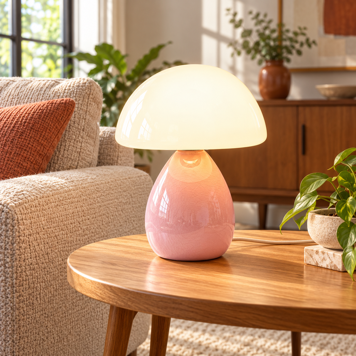 Pink-Ice Crackle ceramic mushroom lamp with a crackle-glazed teardrop base and a white glass dome shade on wooden furniture in a naturally lit living room.