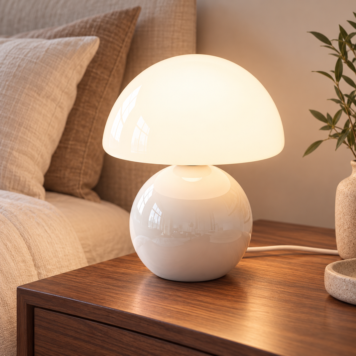 White ceramic mushroom lamp with a glossy rounded base and a white glass dome shade on wooden bedside furniture in a softly lit bedroom.