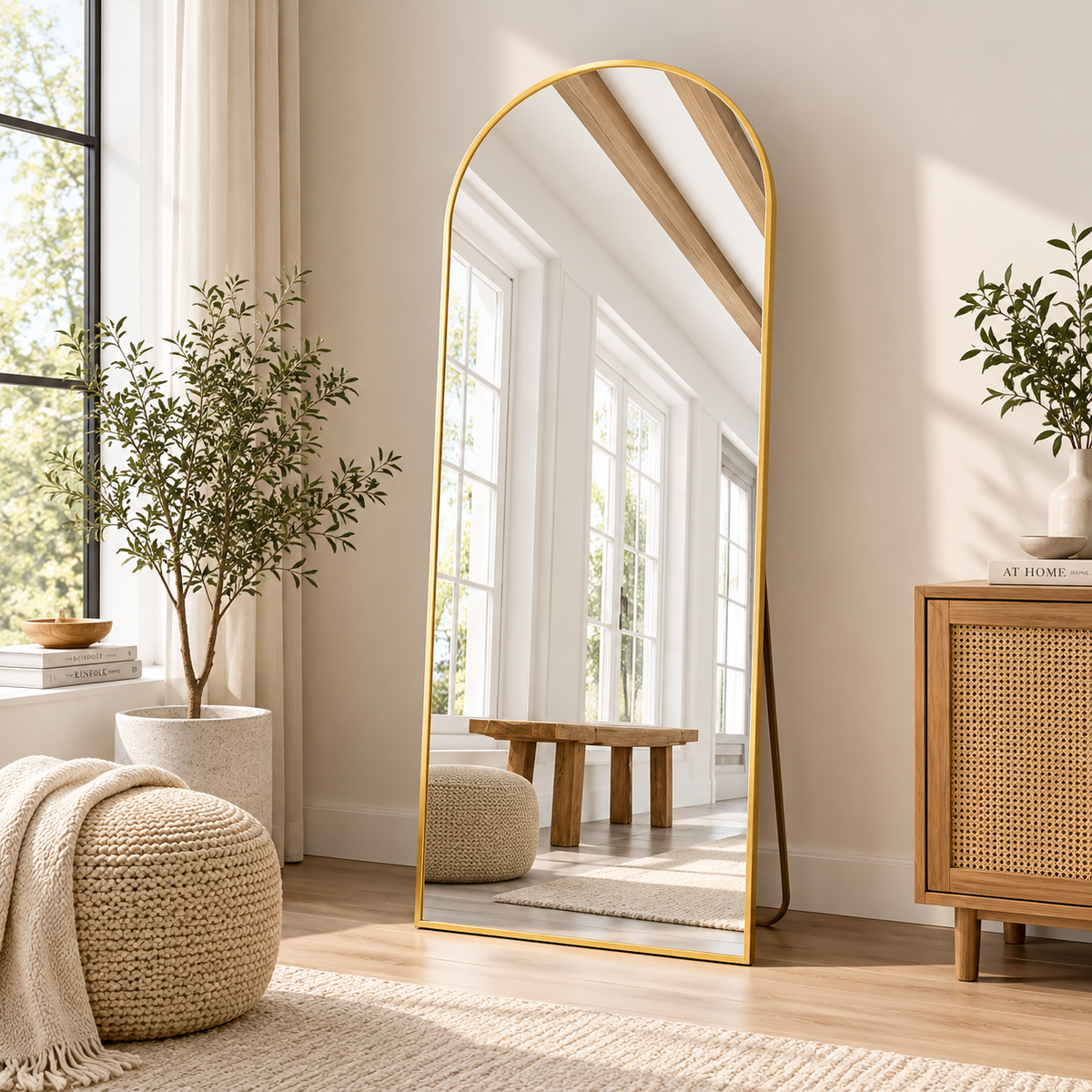 Gold frame arched standing mirror reflecting bright windows and a bench beside a woven pouf, plant, and cane-front cabinet by HavvakHome.