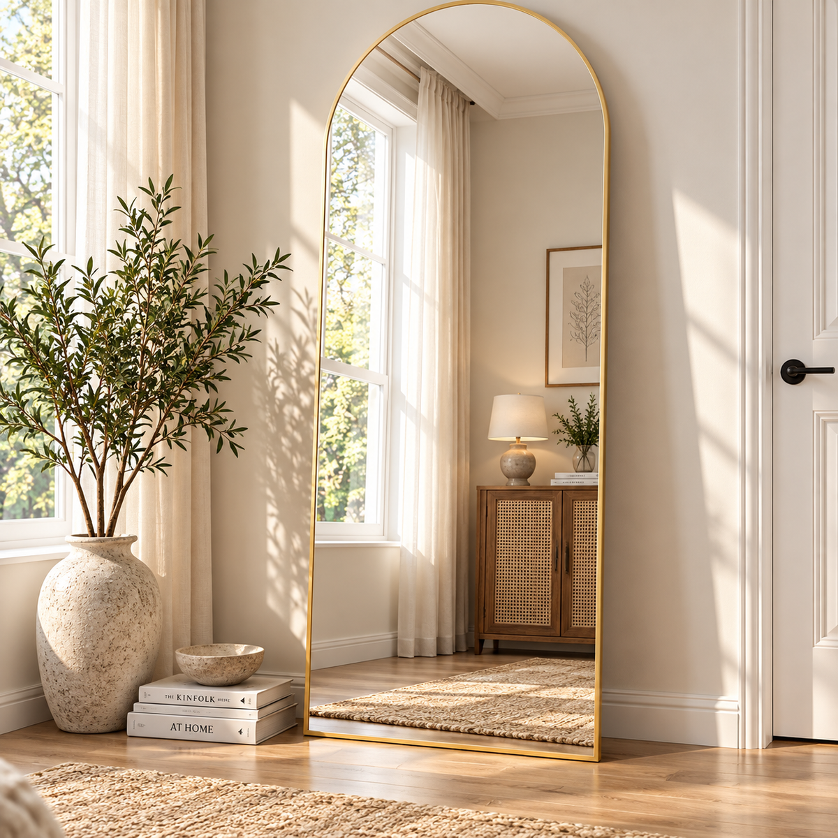 Gold arched mirror leaning beside a white door and plant, reflecting a wood cabinet and lamp by HavvakHome.