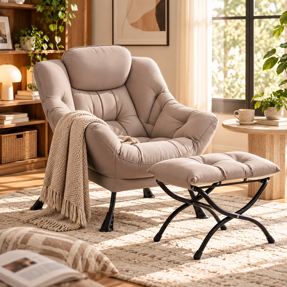 Taupe lounge chair and matching padded ottoman with cream throw over left arm beside a wood bookshelf and round side table near a sunny window by HavvakHome.