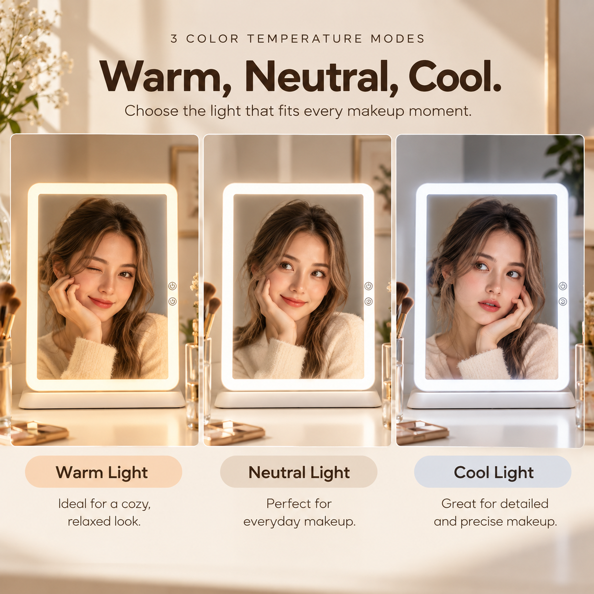 Three-panel LED makeup mirror light comparison showing a woman reflected under warm, neutral, and cool light modes with labels for each mode by HavvakHome.