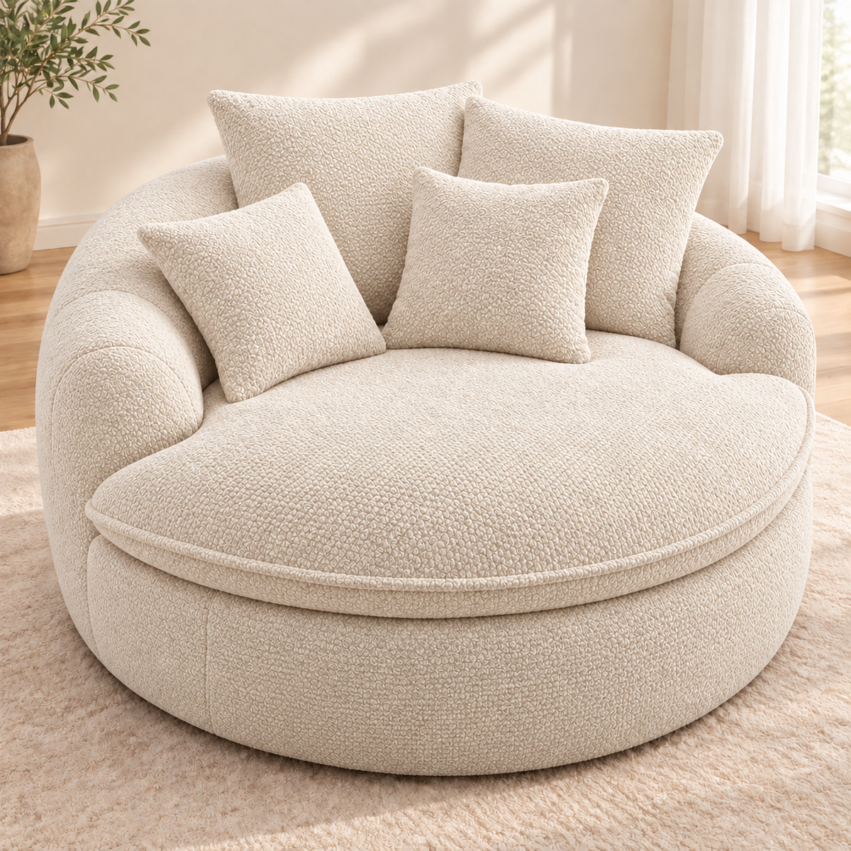 Cream round boucle cuddle chair with four matching square throw pillows and a round seat in a bright room by HavvakHome.
