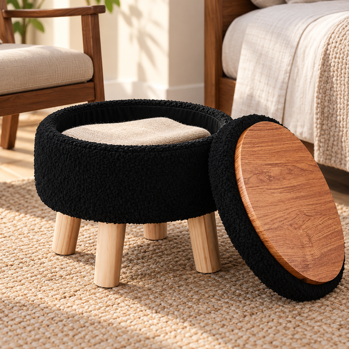 Black round storage ottoman with lid removed leaning to show wood-grain underside and black storage compartment on a bedroom rug.